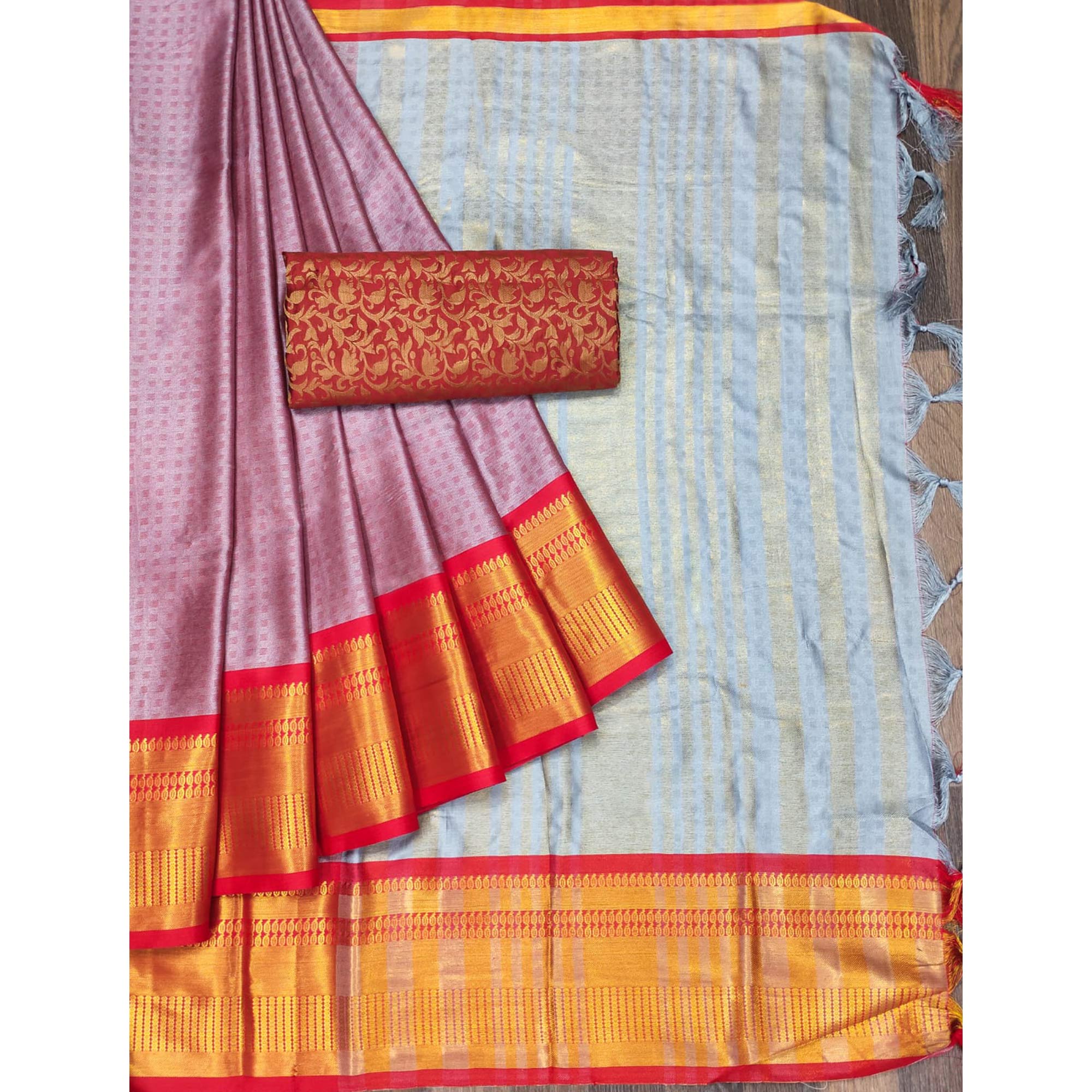 Peachmode Grey Woven Cotton Silk Saree With Tassels - view 3