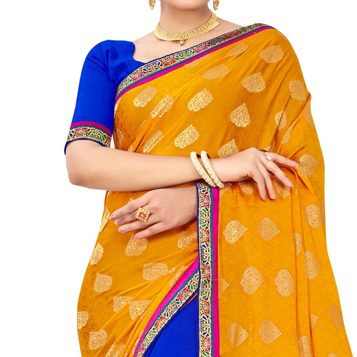 Peachmode Innovative Yellow-Blue Colored party Wear Embroidered Georgette Half-Half Saree - view 2