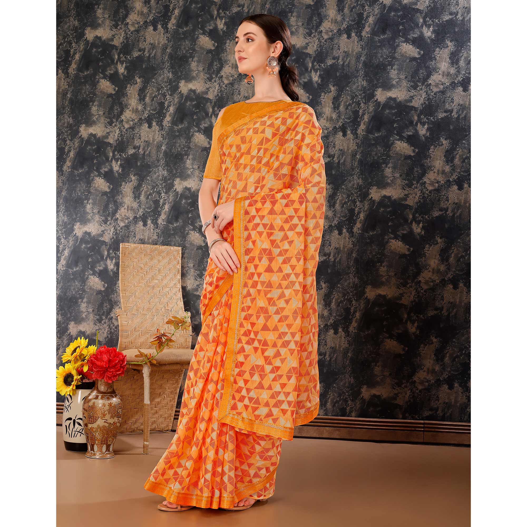 Peachmode Light Orange Geometric Printed Chiffon Saree With Lace Border - view 4