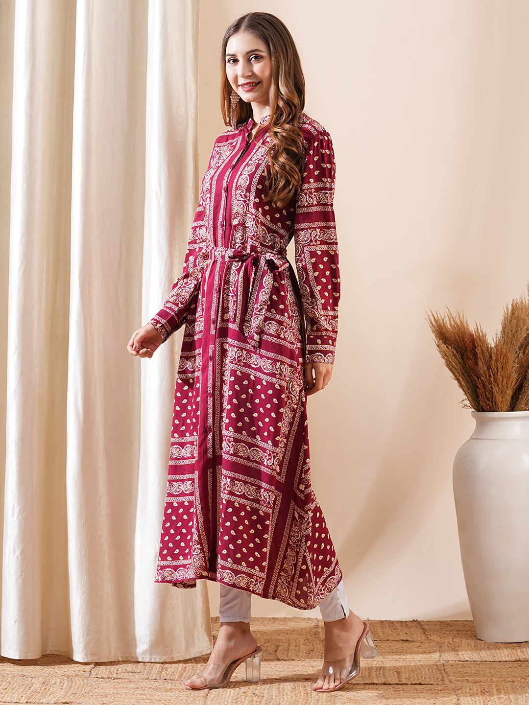 Fashor Ethnic Floral Printed Straight Fit Kurta with Tie Ups - Maroon - view 4