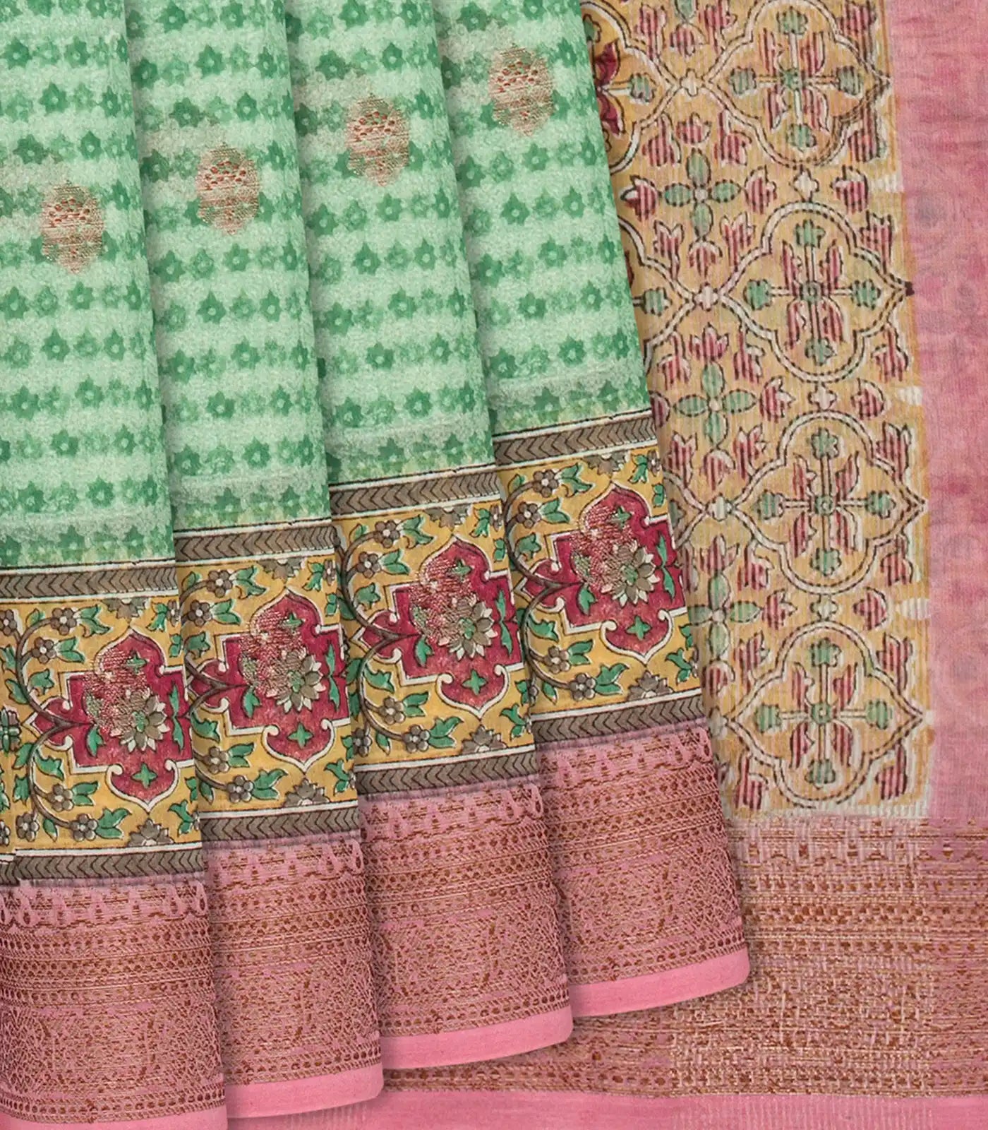 RmKV Light Green Chanderi Cotton Saree Printed With Floral Motifs & Buttas-Light Green