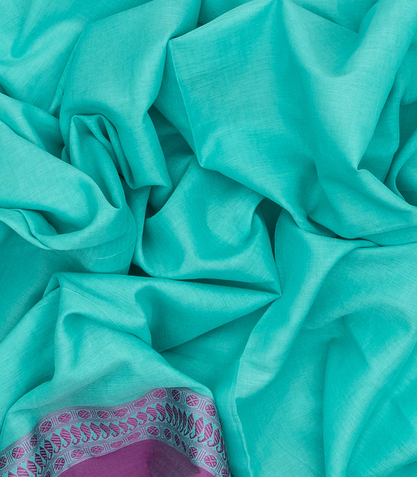 RmKV Turquoise Handloom Plain Bengal Cotton Saree With Purple Border - view 3