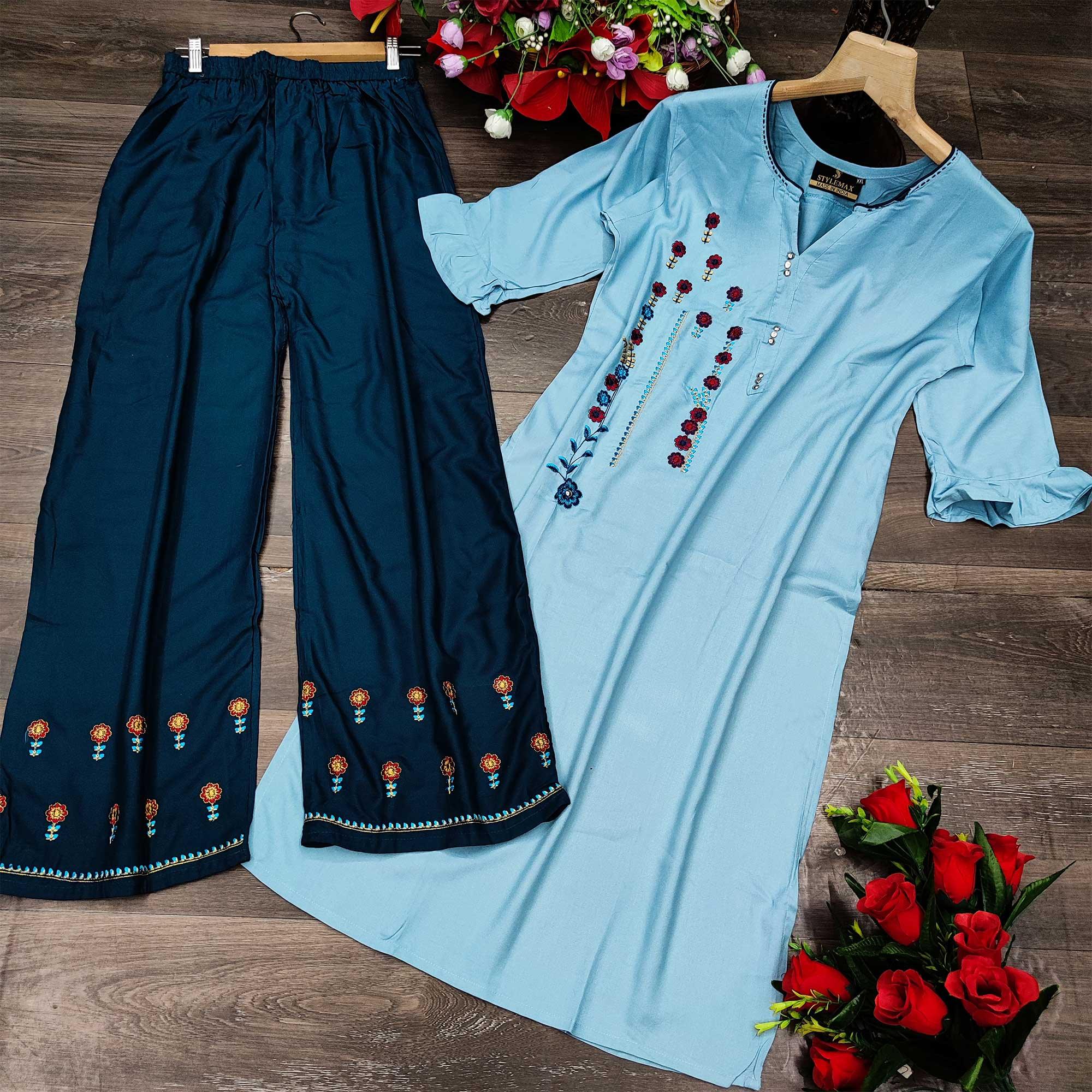 Peachmode Seller Light Blue Casual Wear Embroidered Heavy Rayon Kurti - Palazzo Set - view 2
