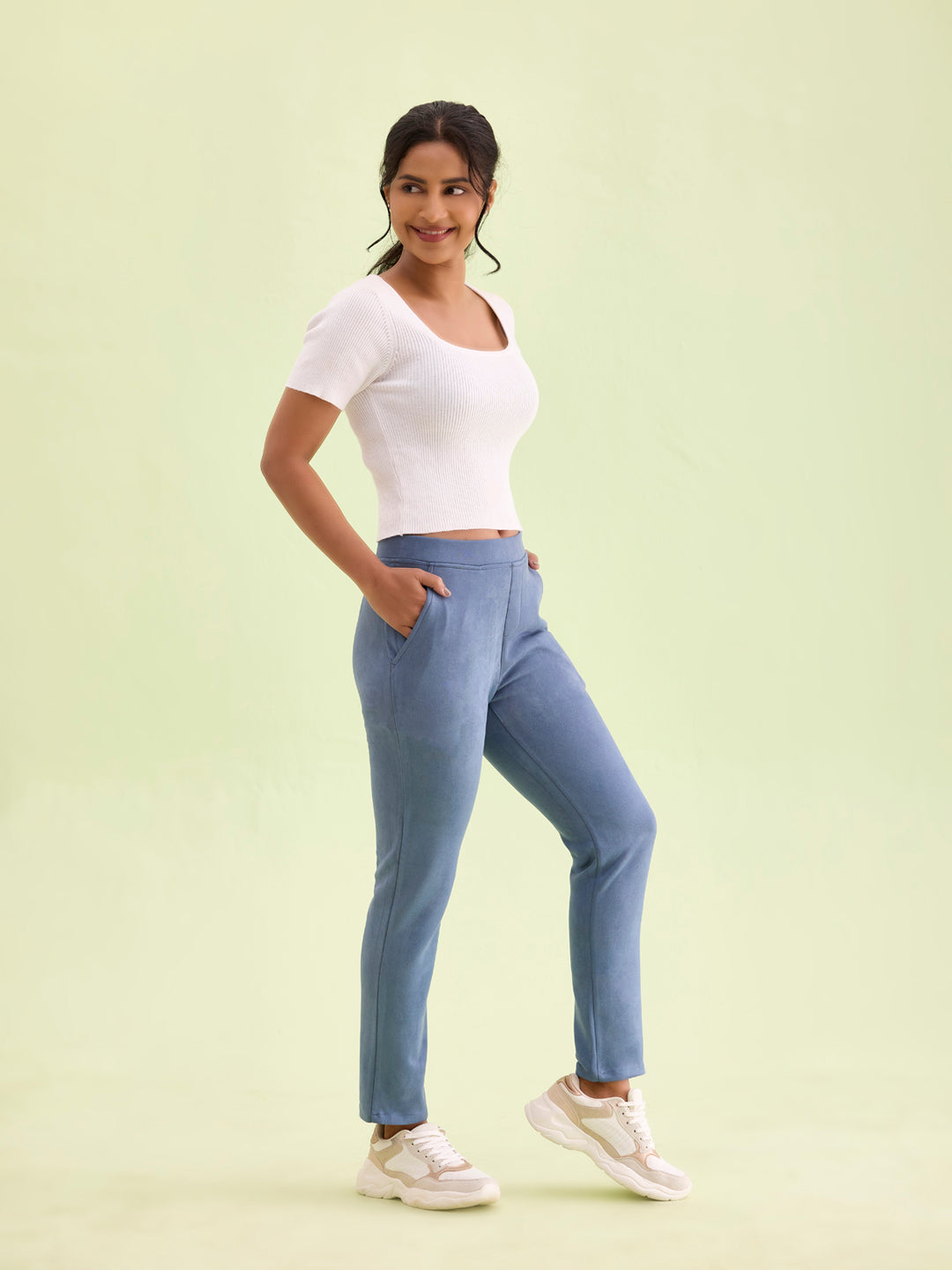 Go Colors Women Solid Dark Jean Blue Mid Rise Suede Treggings