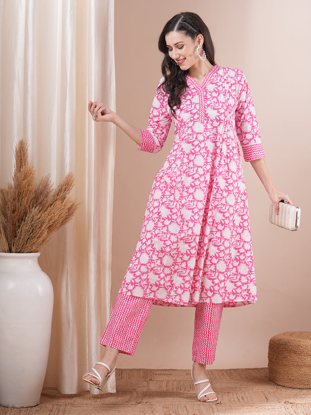 FASHOR Floral Khari Printed A-Line Pleated Kurta with Pant - Pink