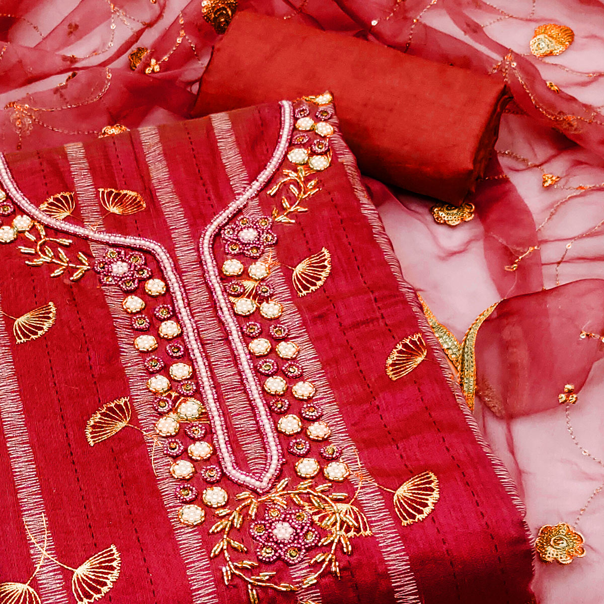 Peachmode Red Floral Foil Printed With Handwork Chanderi Dress Material - view 2