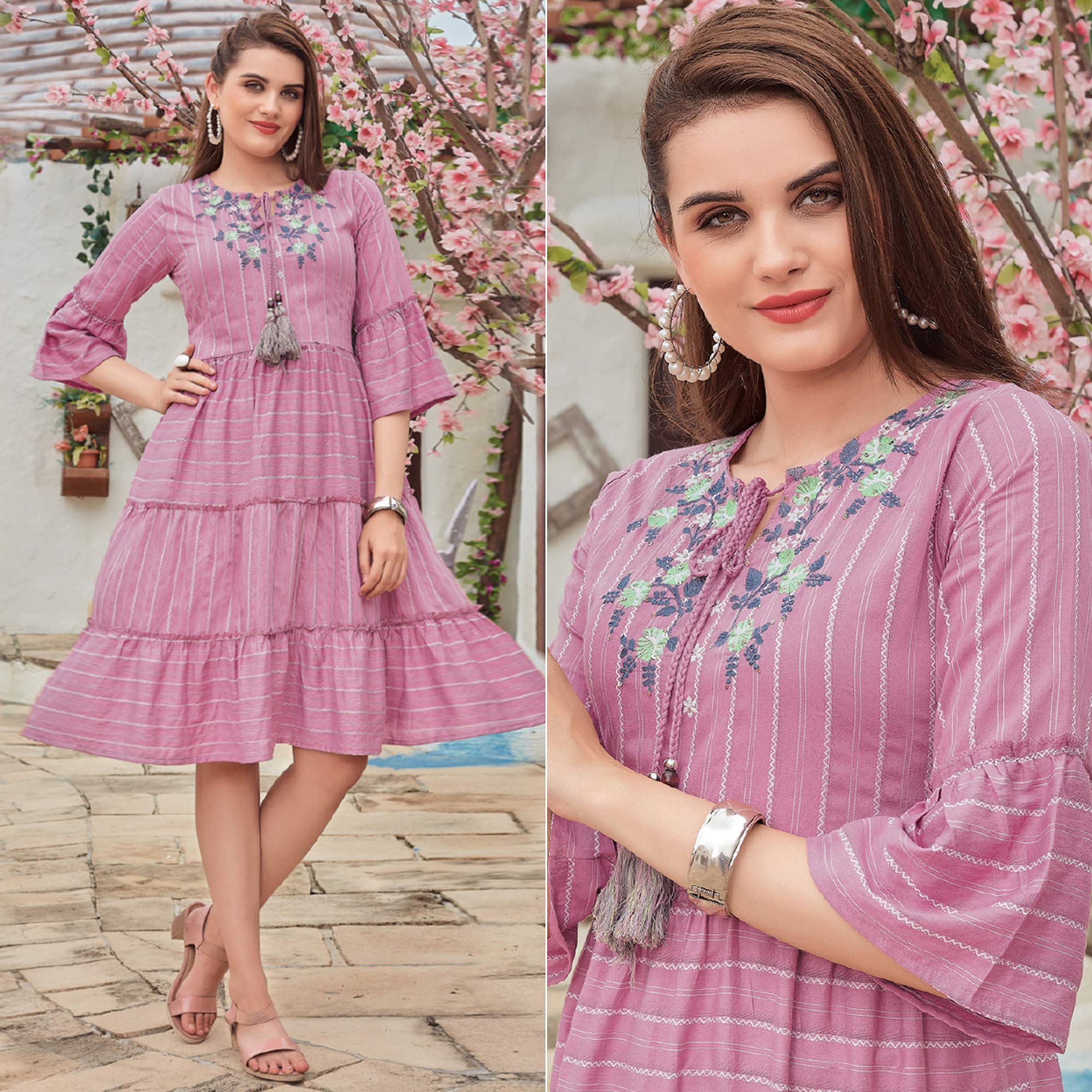 Peachmode Light Dusty Pink Floral Embroidered Rayon Dress