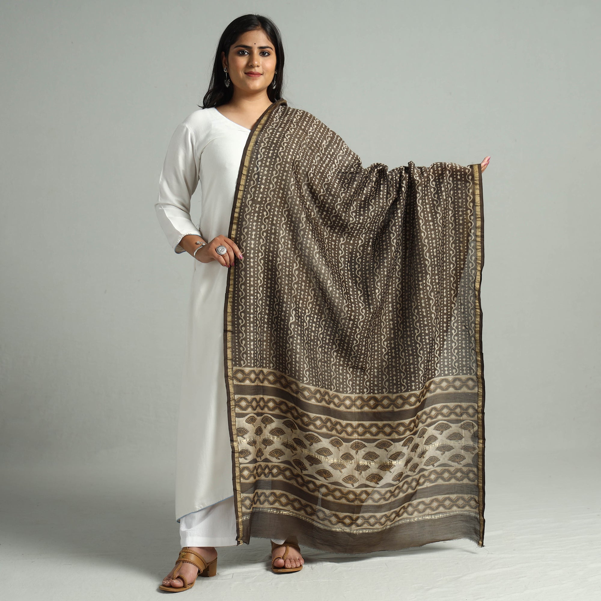 HAVELI CHRONICLES Brown - Akola Dabu Block Printed Handloom Chanderi Silk Dupatta with Zari Border 01