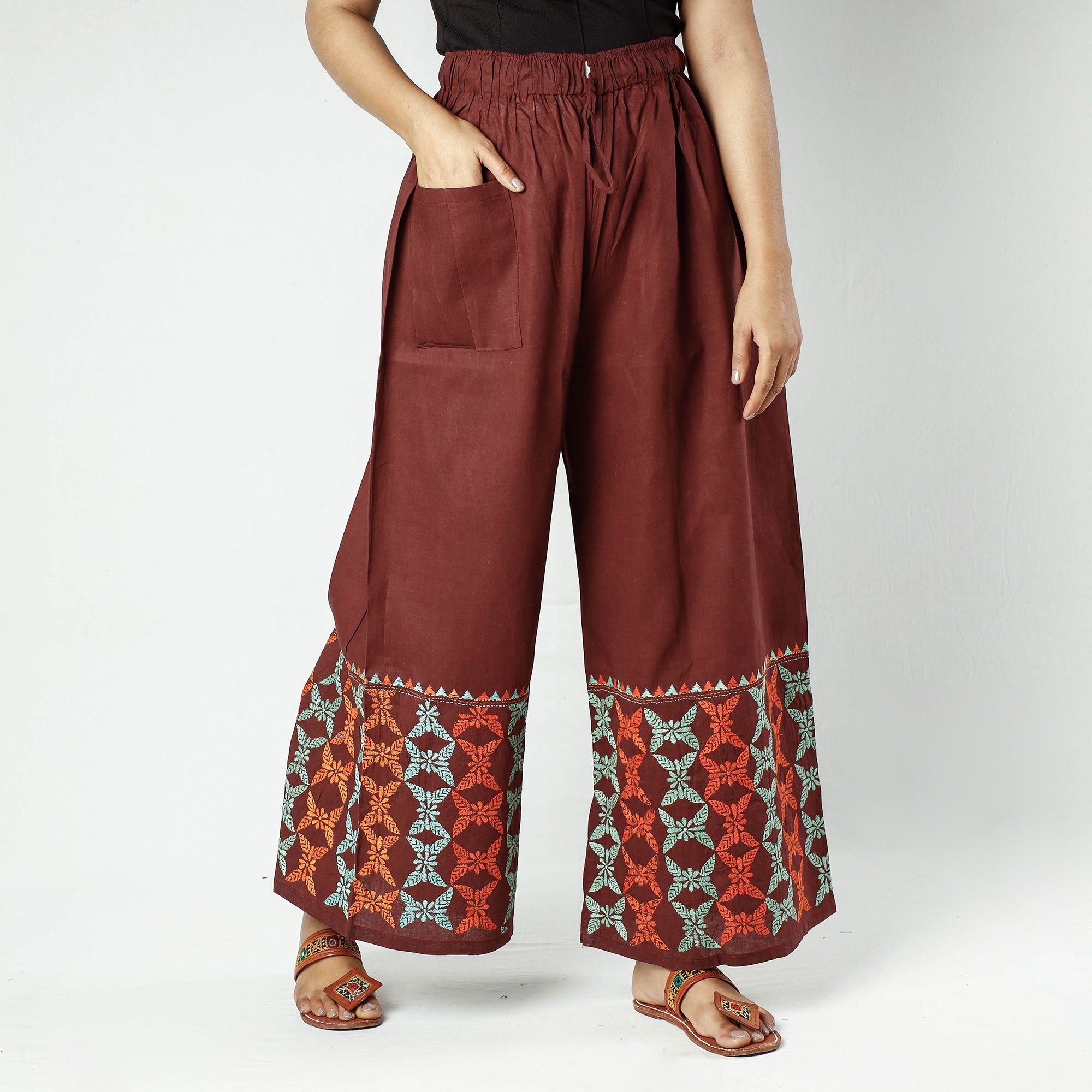 ASALKAAR Brown - Cotton Bengal Kantha Embroidery Palazzo