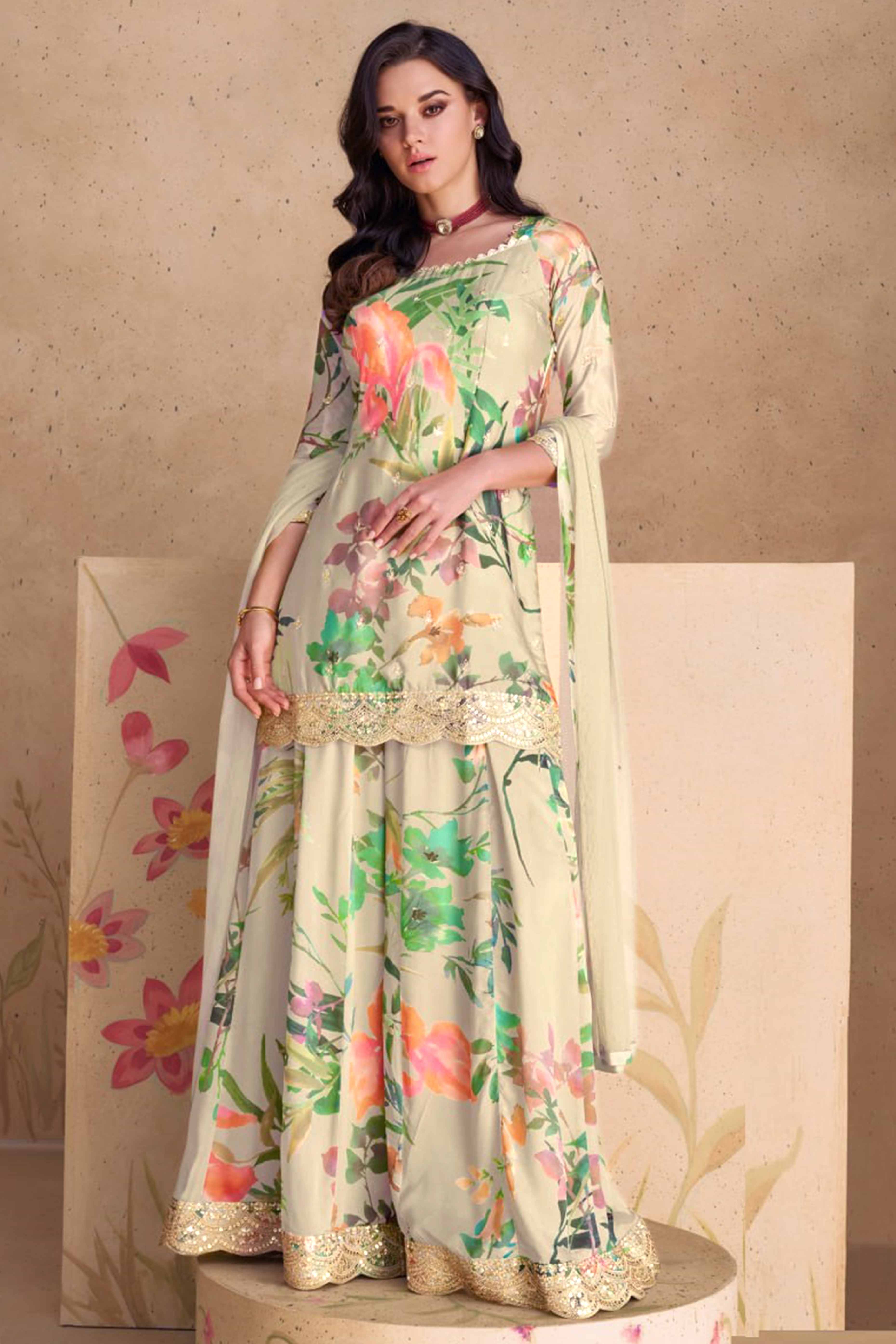 Peachmode Seller Chikoo Floral Digital Print With Sequins Embroidered Chinon Palazzo Suit