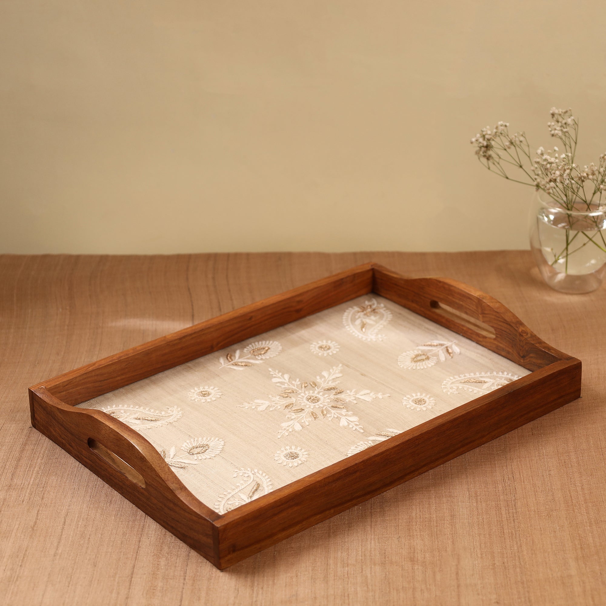 LAVANGG Beige - Chikankari Zari Hand Embroidered Sheesham Wood Tray - view 2