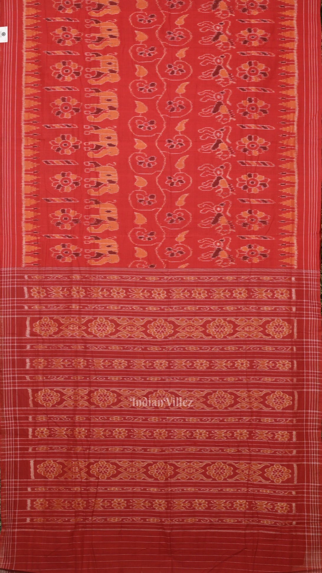 IndianVillèz Red Elephant Theme Odisha Ikat Sambalpuri Cotton Saree
