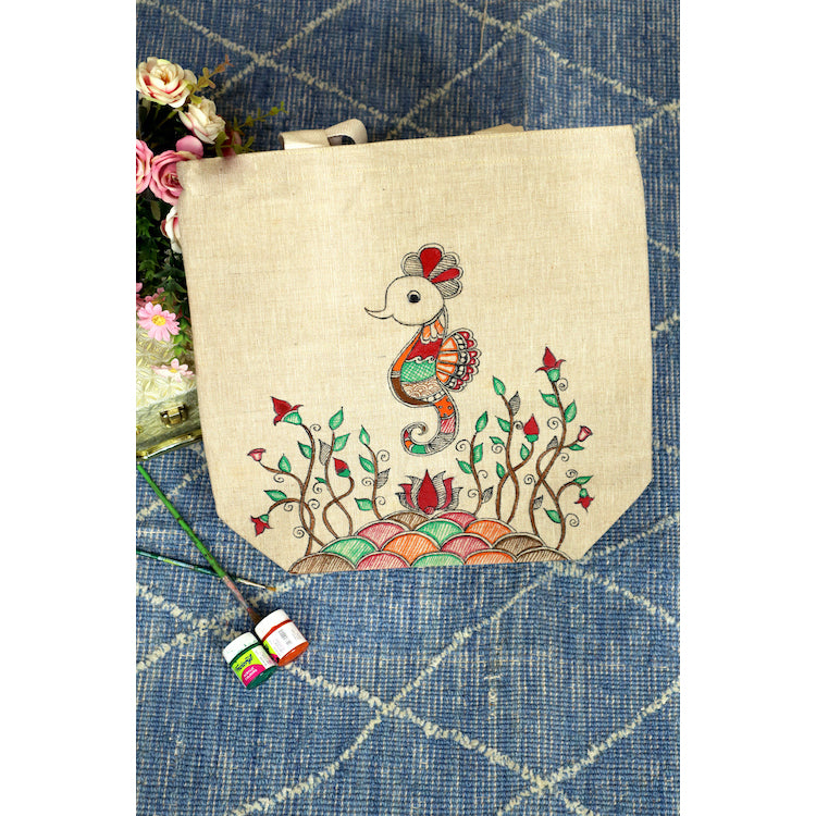 DIORAMA DESIGNS Beige - Artisan Elegance Handpainted Cotton Jute Tote Bag