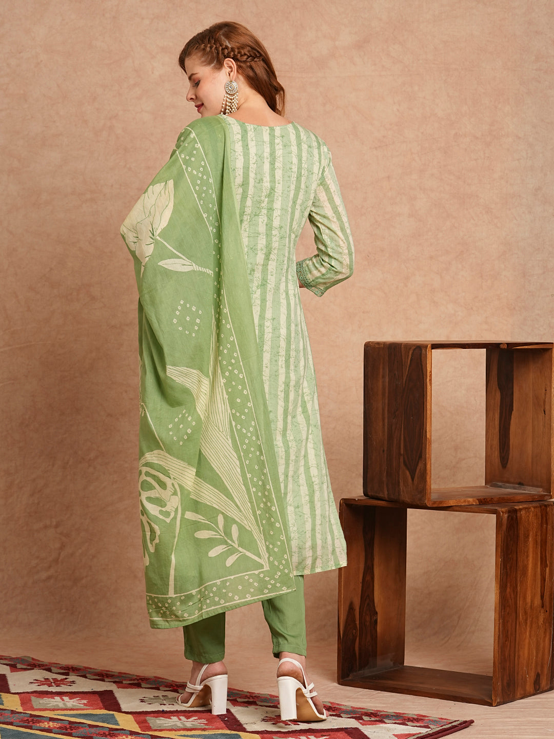 FASHOR Stripes Printed & Embroidered Kurta with Pant & Pure Cotton Dupatta - Green - view 6