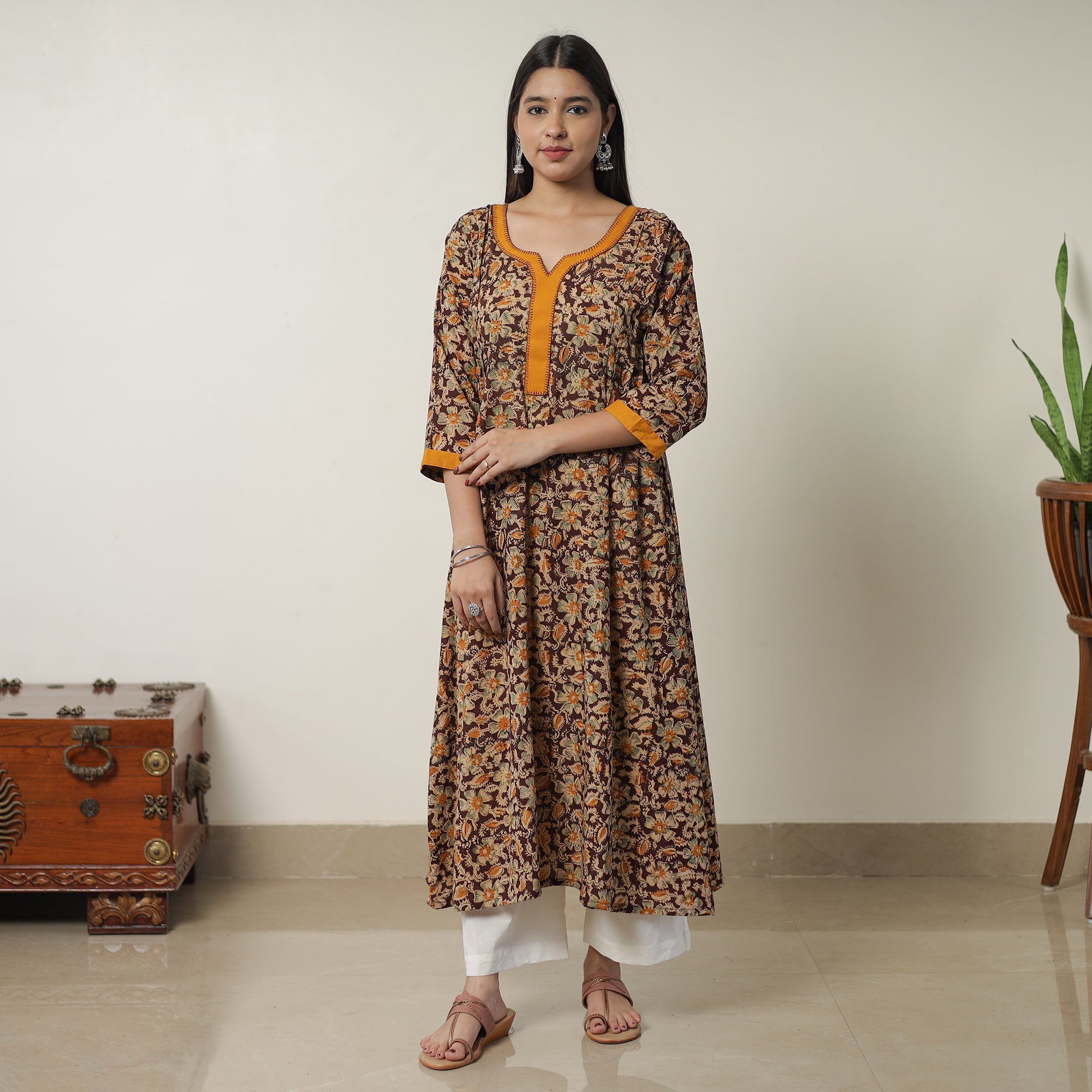 ITOKRI CASUALS Brown - Pedana Kalamkari Block Printed Cotton A-Line Kurta with Tagai Work 14 - view 2