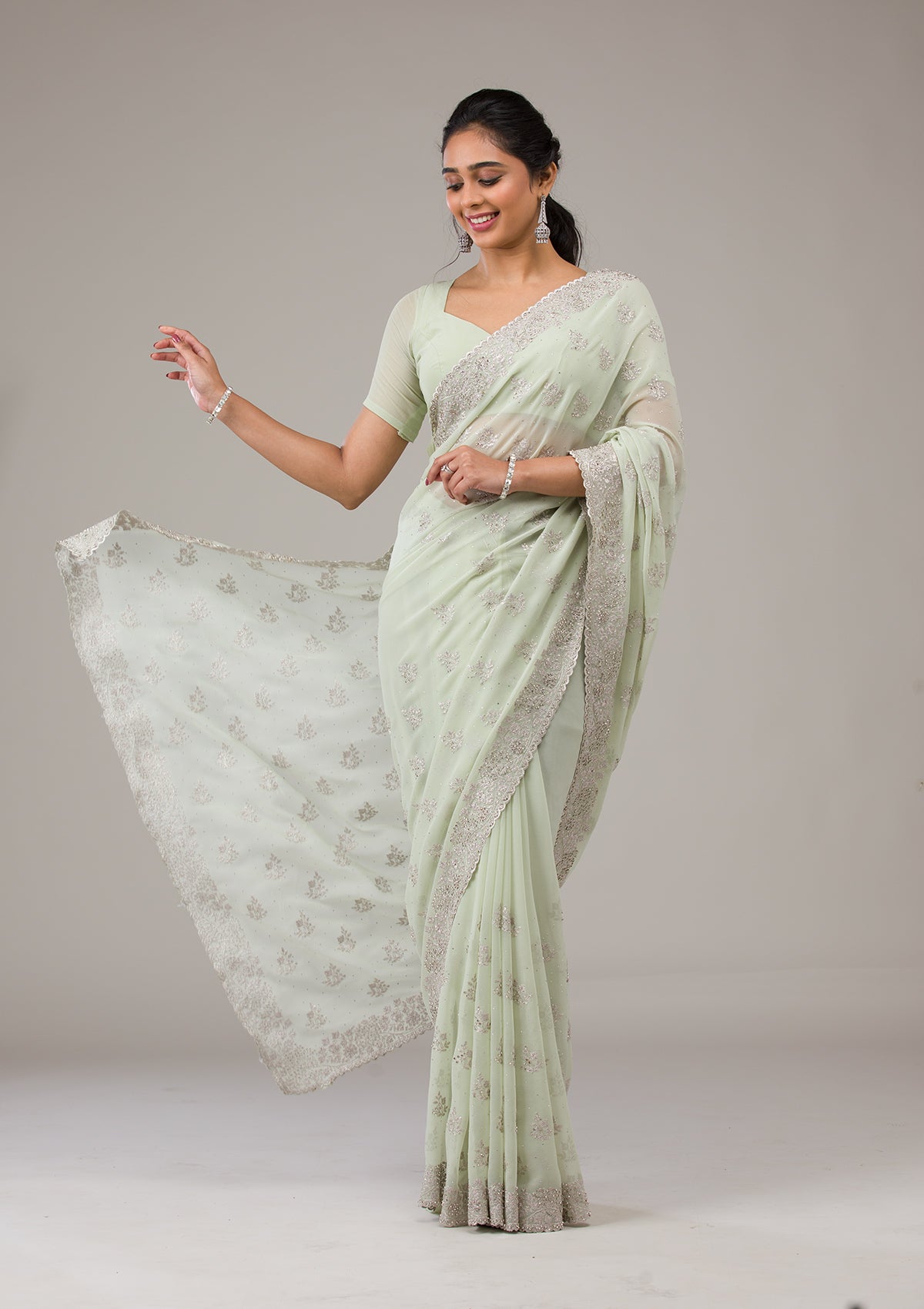 Koskii Pista Green Zariwork Chiffon Saree – Women's