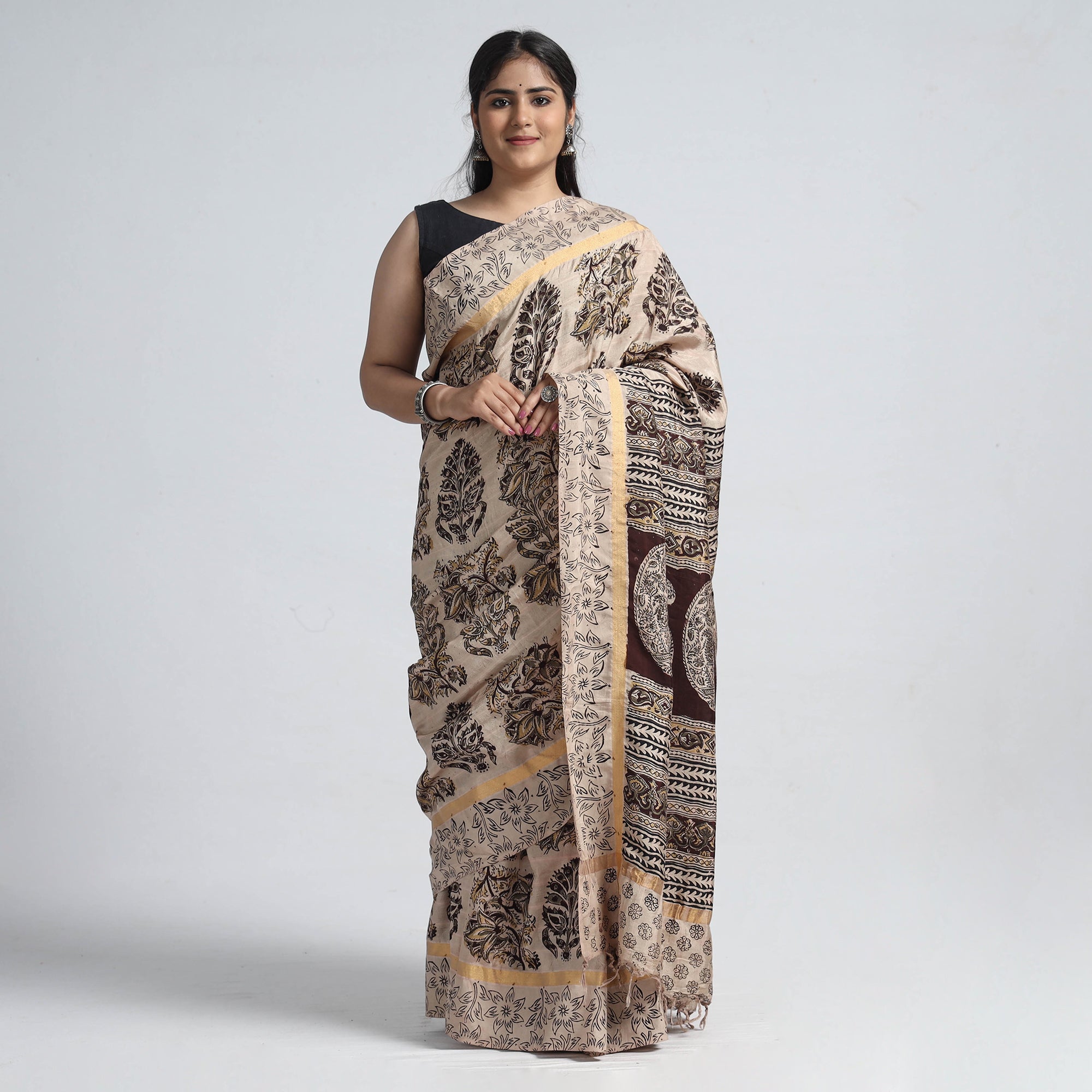SOUTH KARGHA Beige - Kalamkari Printed Silk Cotton Saree with Zari Border