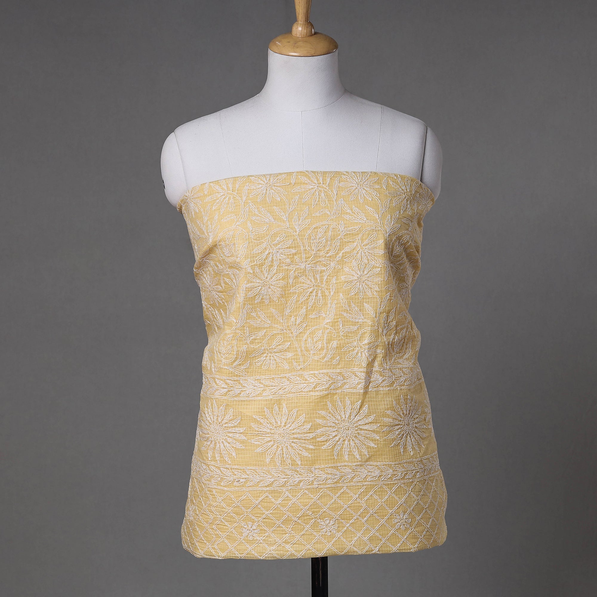 ITOKRI CRAFTS INITIATIVE Beige - 2pc Hand Embroidery Kota Doria Chikankari Dress Material - view 3