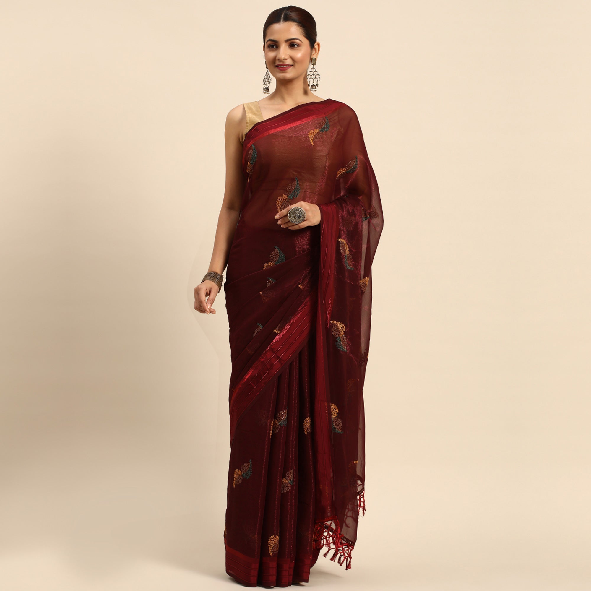 Peachmode Maroon Swarovski With Embroidery Work Chiffon Saree - view 2