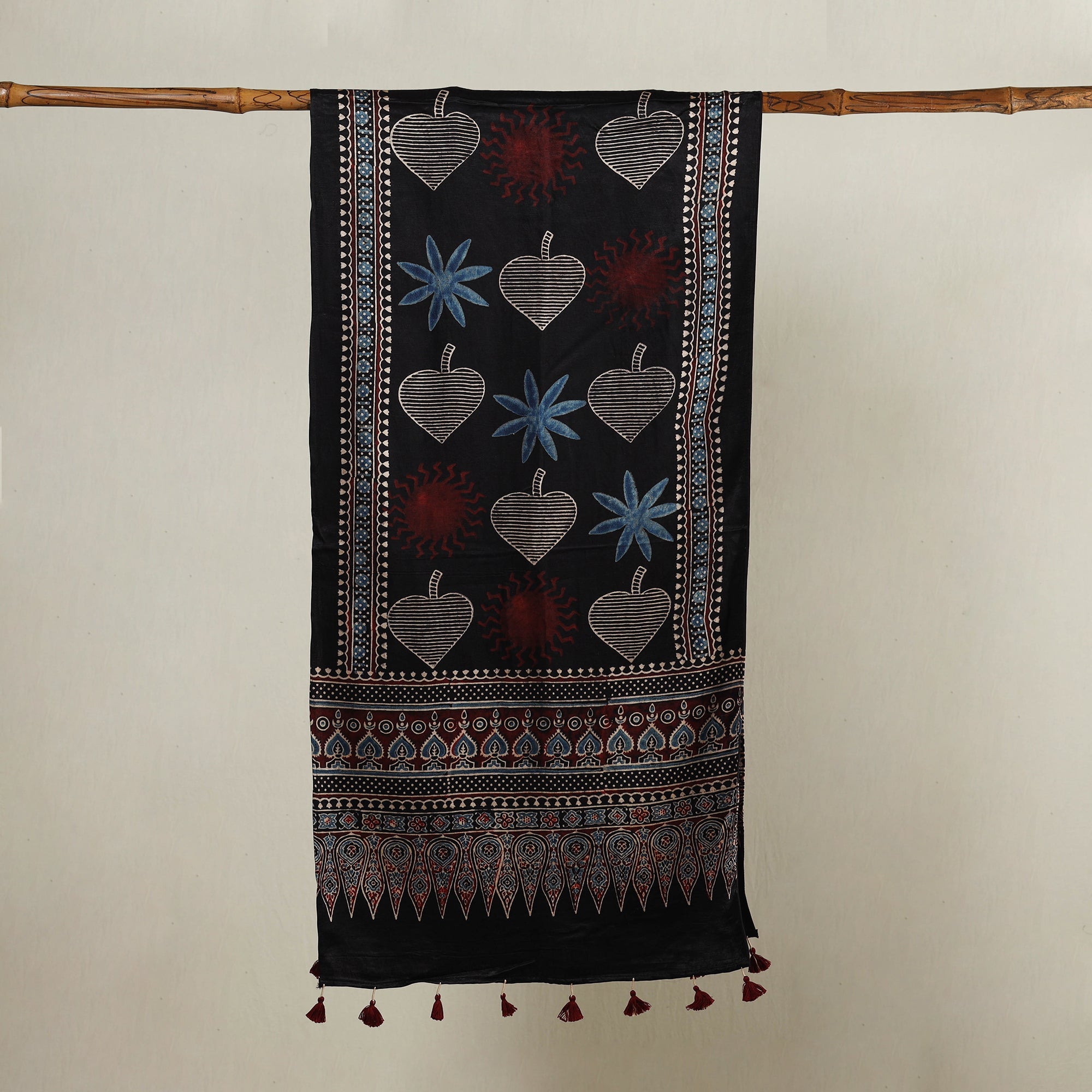 RIYAZ ABDULMAJID KHATRI - AJRAKH Black - Ajrakh Hand Block Printed Mashru Silk Stole with Tassels - view 2