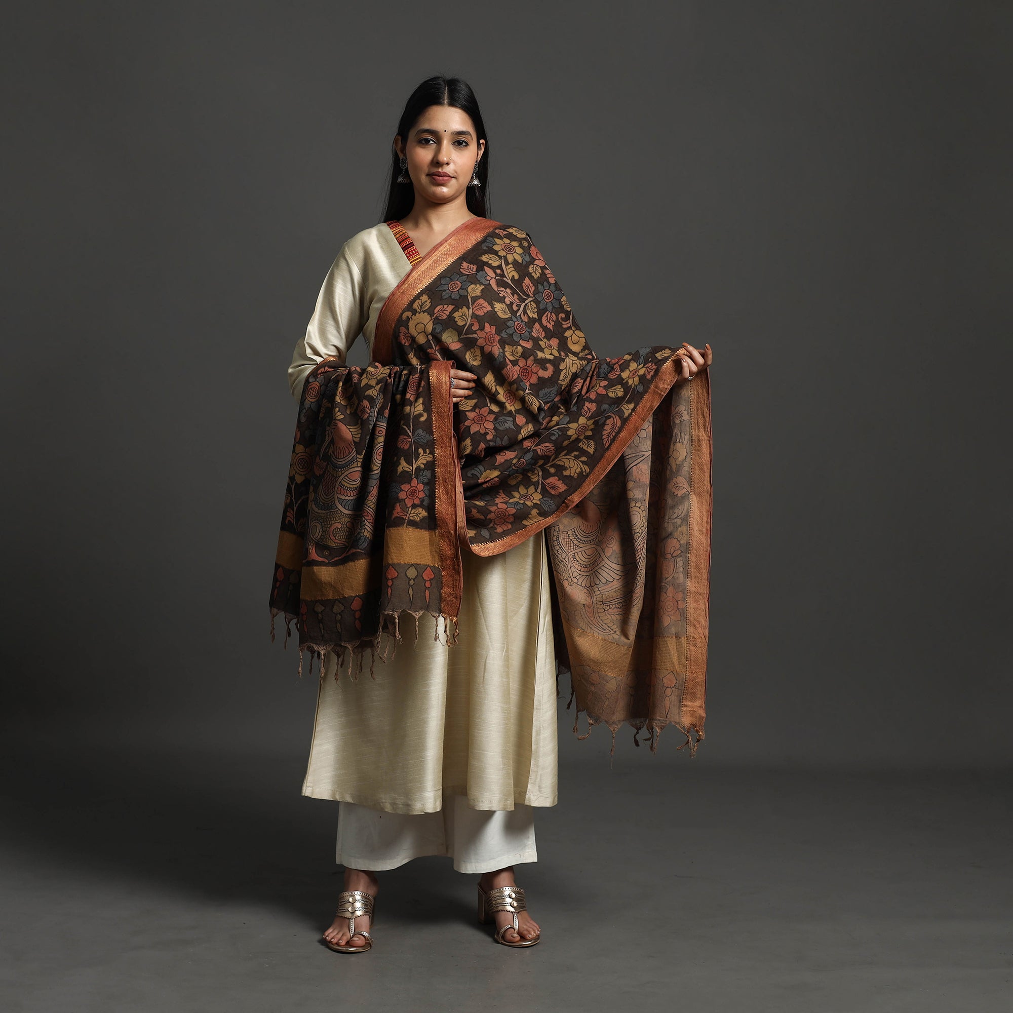 SOUTH KARGHA Brown - Mangalagiri Cotton Handpainted Pen Work Kalamkari Dupatta 11