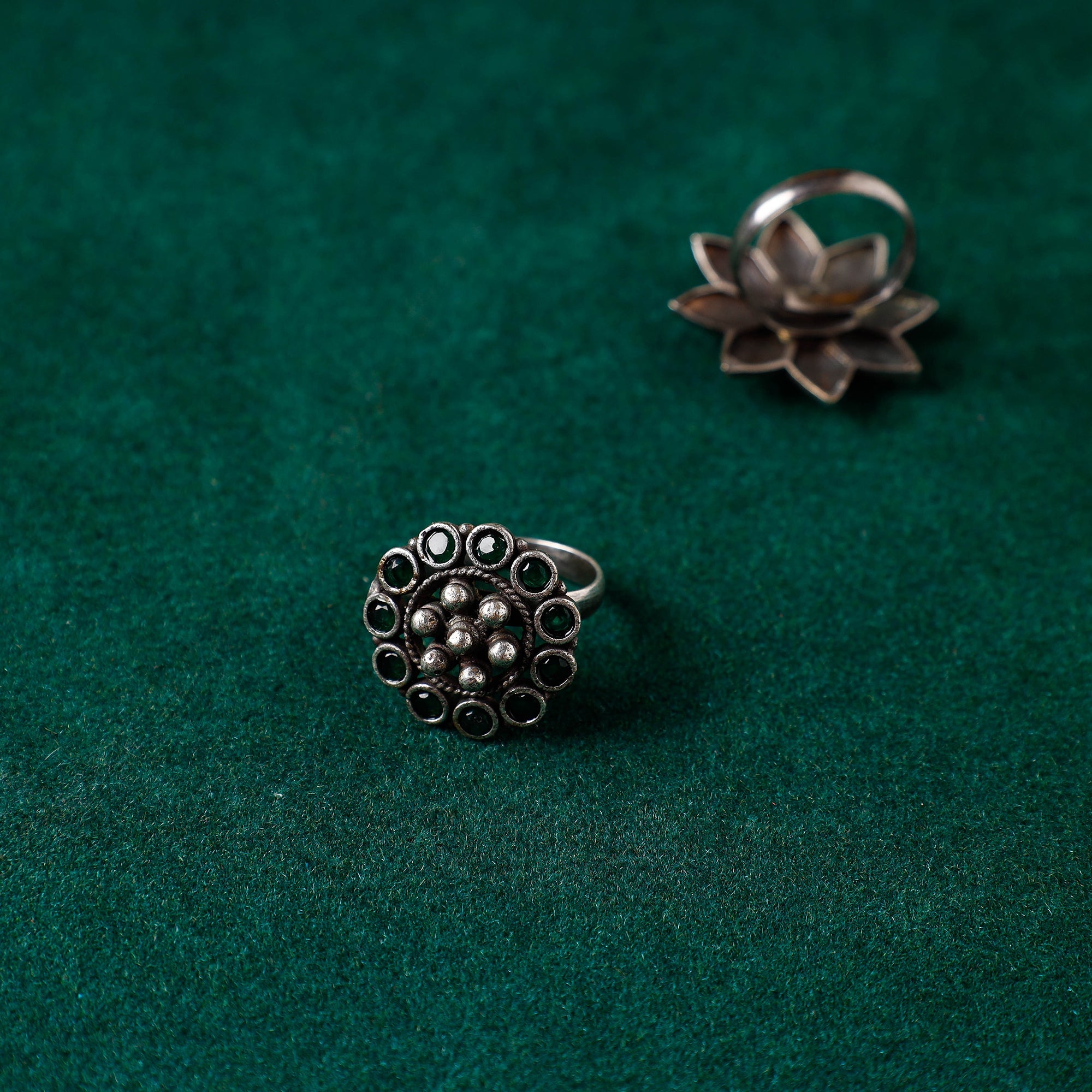 WHITE RIVER STORIES Antique Silver Finish Oxidised Brass Base Stone Work Ring (Adjustable)