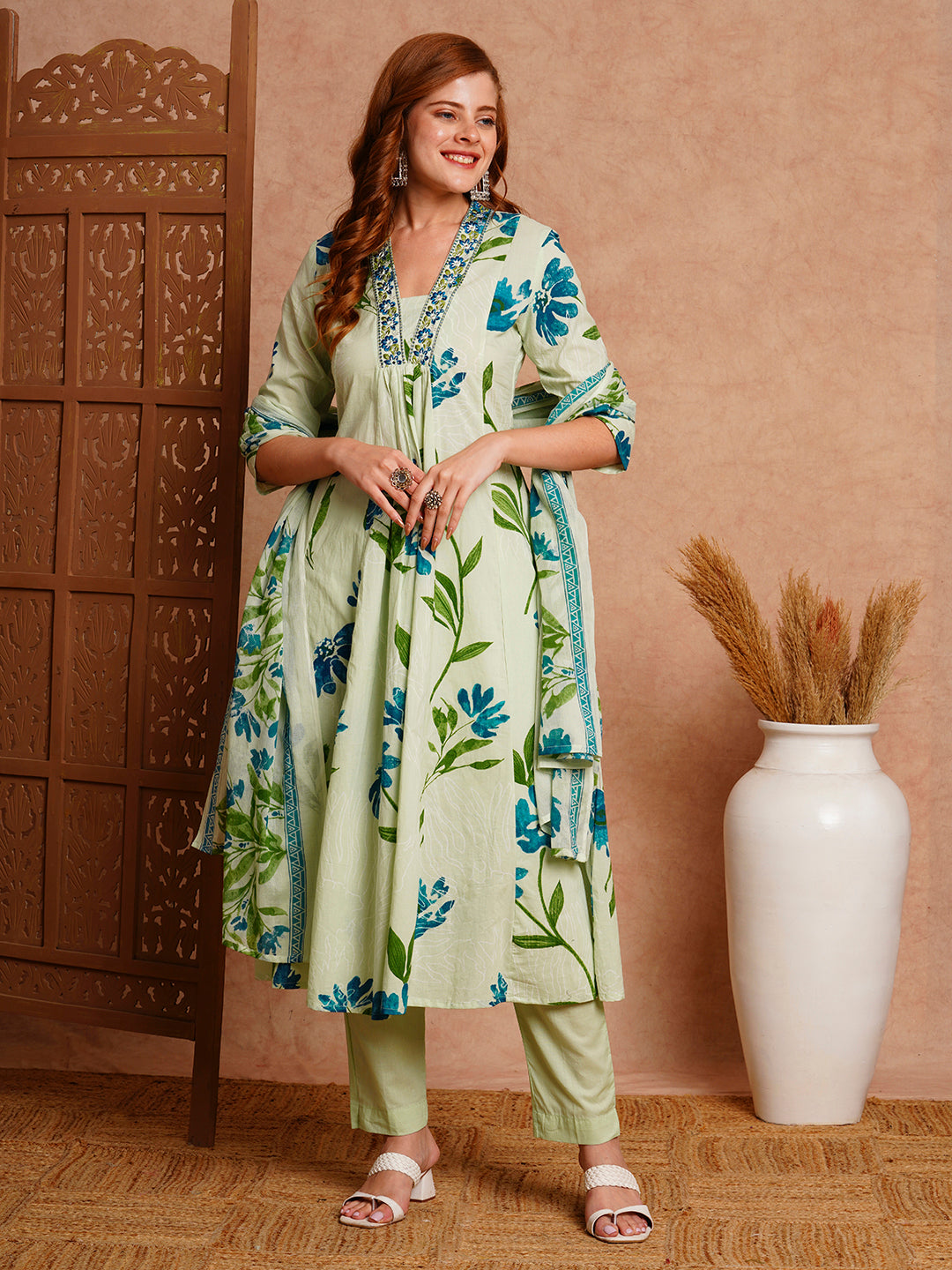 FASHOR Floral Printed & Embroidered A-Line Paneled Kurta with Pant and Dupatta - Mint Green