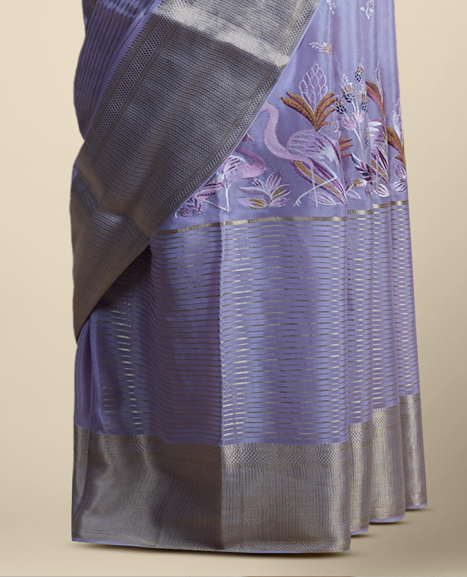 Pothys Lavender floral embroidery mysore silk saree with contrast striped zari bor - view 3