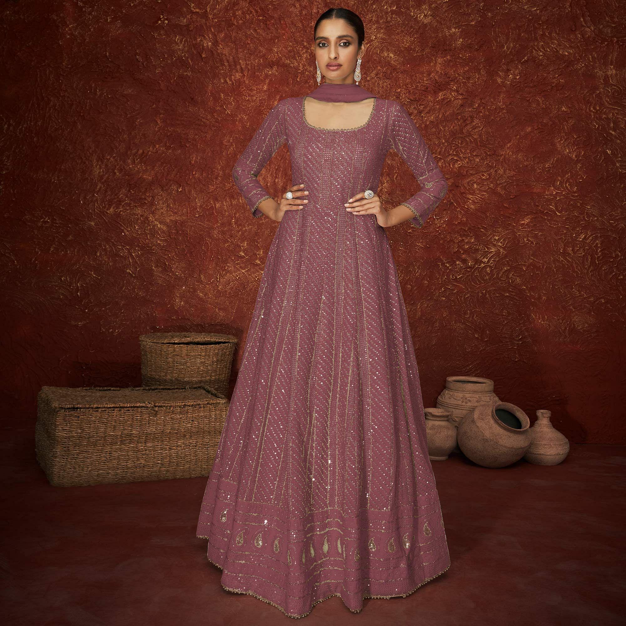 Peachmode Seller Mauve Partywear Sequins Embroidered Georgette Gown