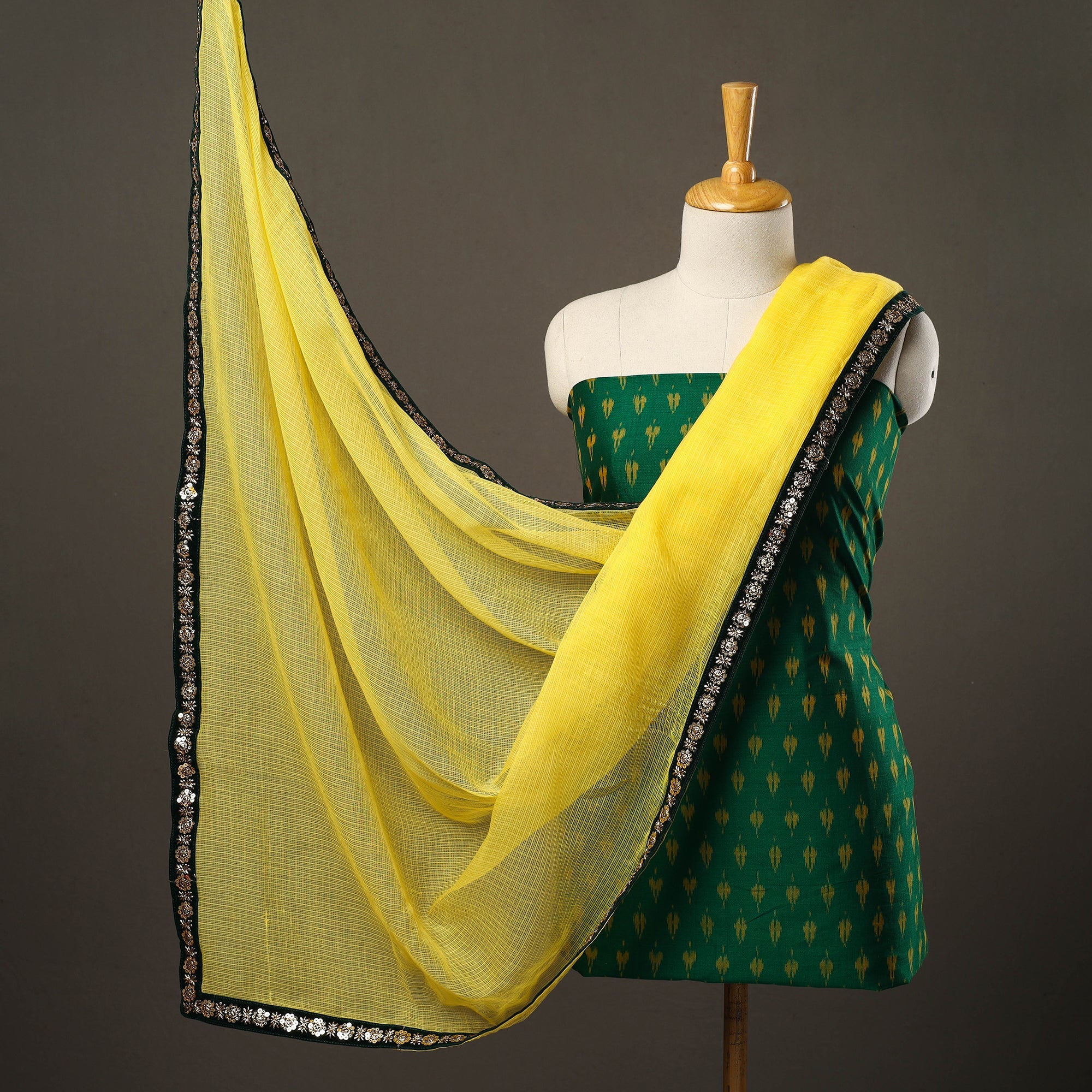 NOORI BAZAR Green - 3pc Cotton Pochampally Ikat Kurta with Plain Dupatta 14