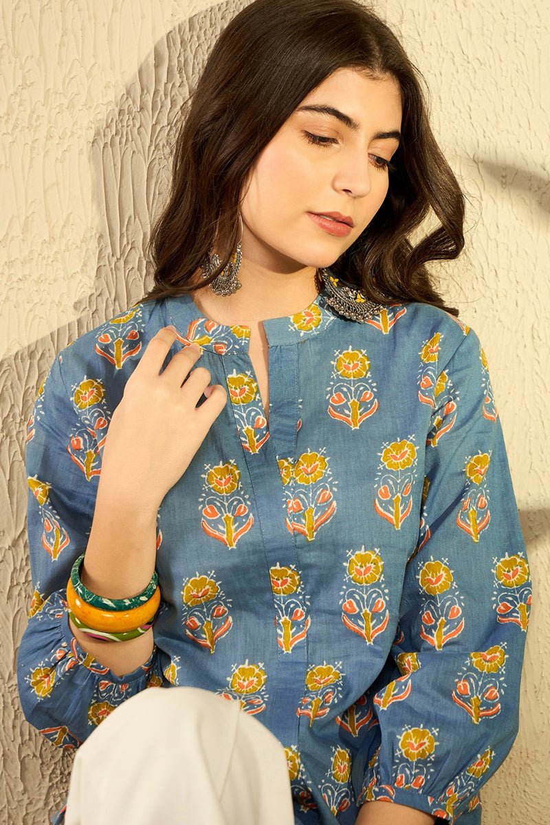 Ahika Blue Cotton Blend Floral Printed Regular Tunic VT1300