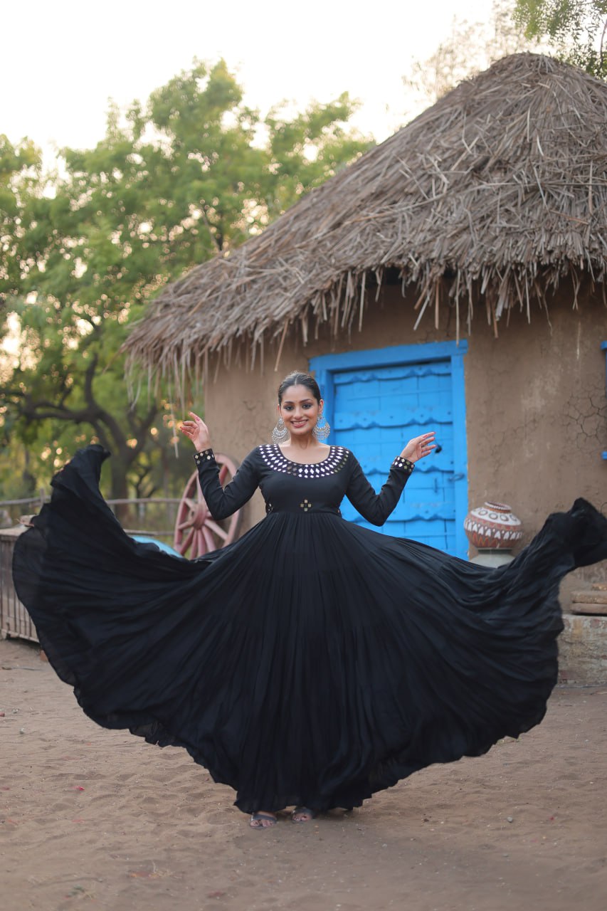 ClothsVilla Black Stunning Gown in 14 Kg Rayon with Real Mirror Work
