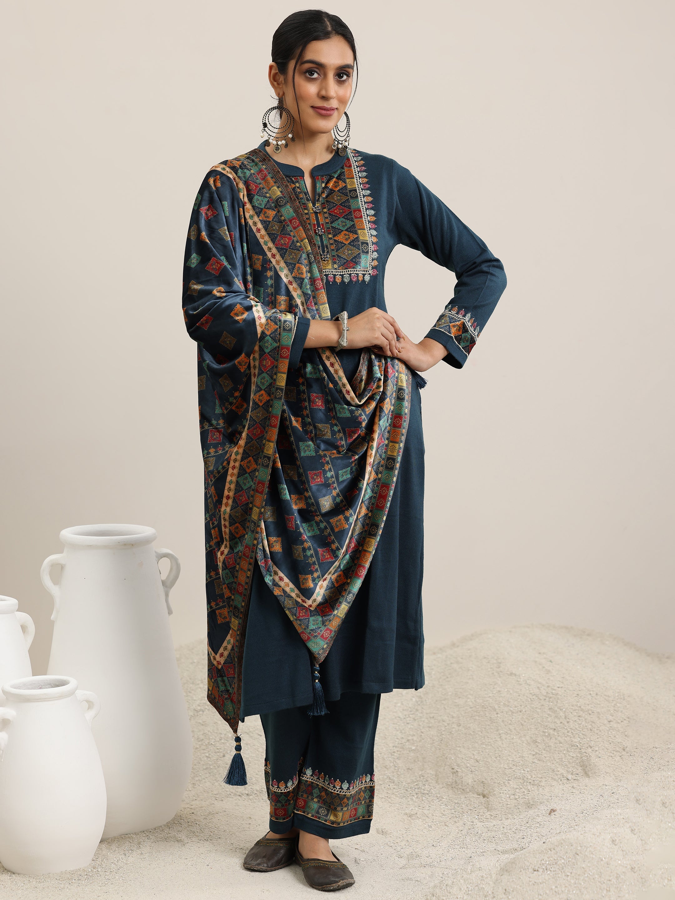 Libas Blue Yoke Design Wool Blend Straight Suit With Dupatta - view 3