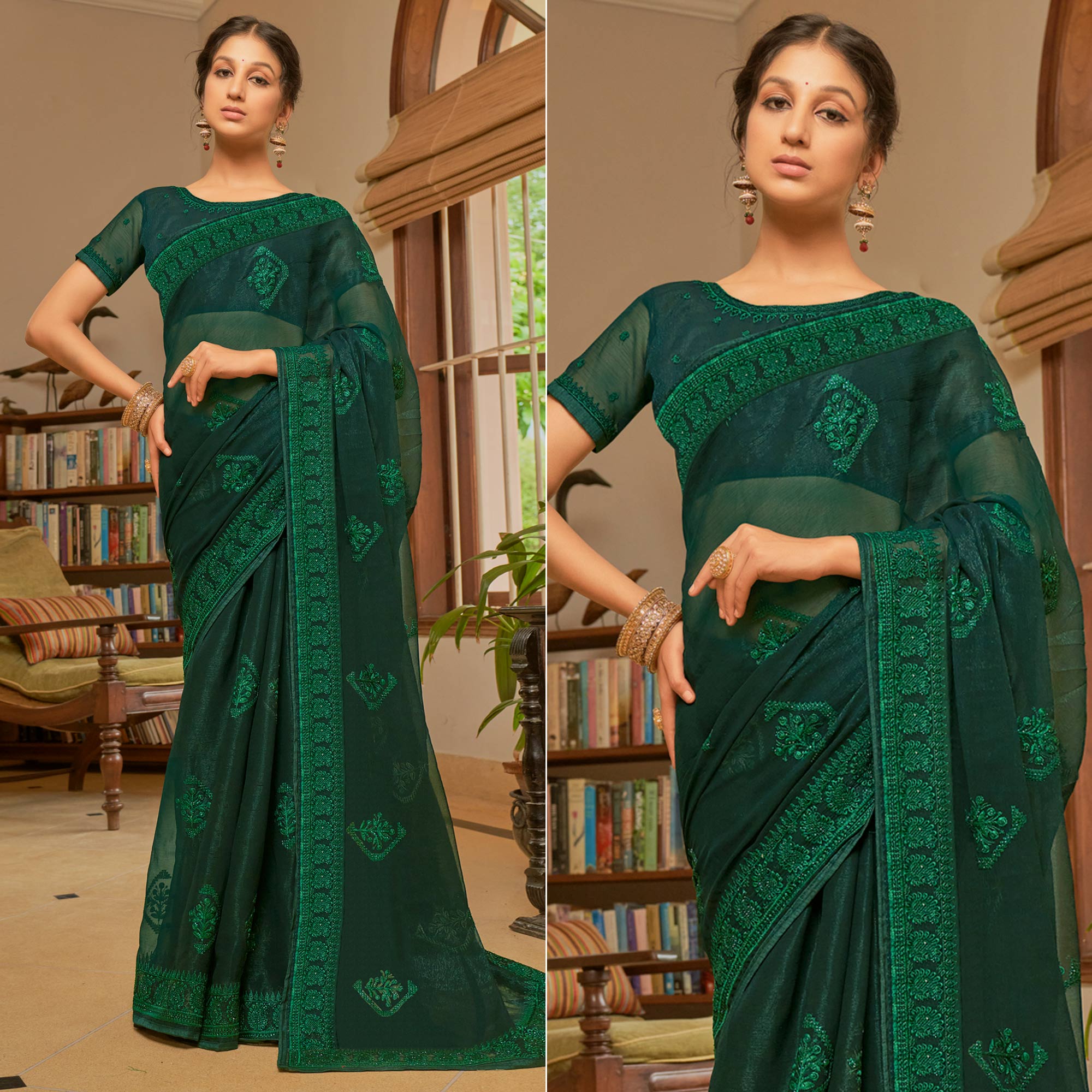 Peachmode Bottle Green Embroidered Georgette Saree