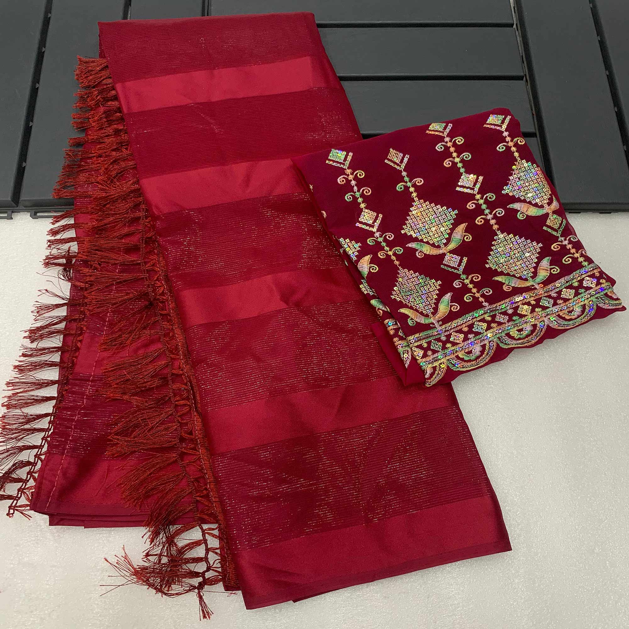 Peachmode Maroon Striped Woven Chiffon Silk Saree With Tassels