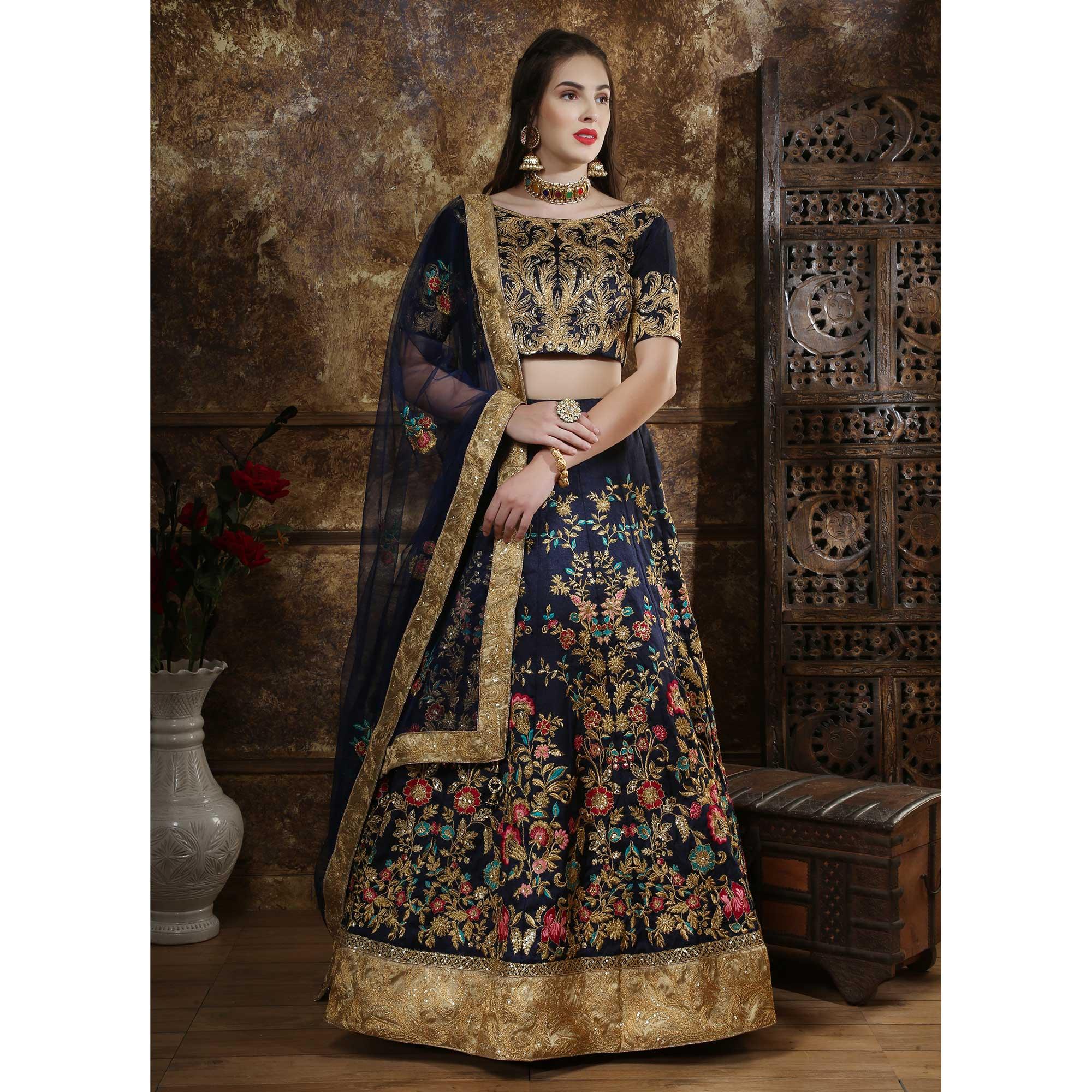BlackTree graceful-navy-blue-colored-party-wear-embroidered-thai-silk-lehenga-choli-71067 - view 4