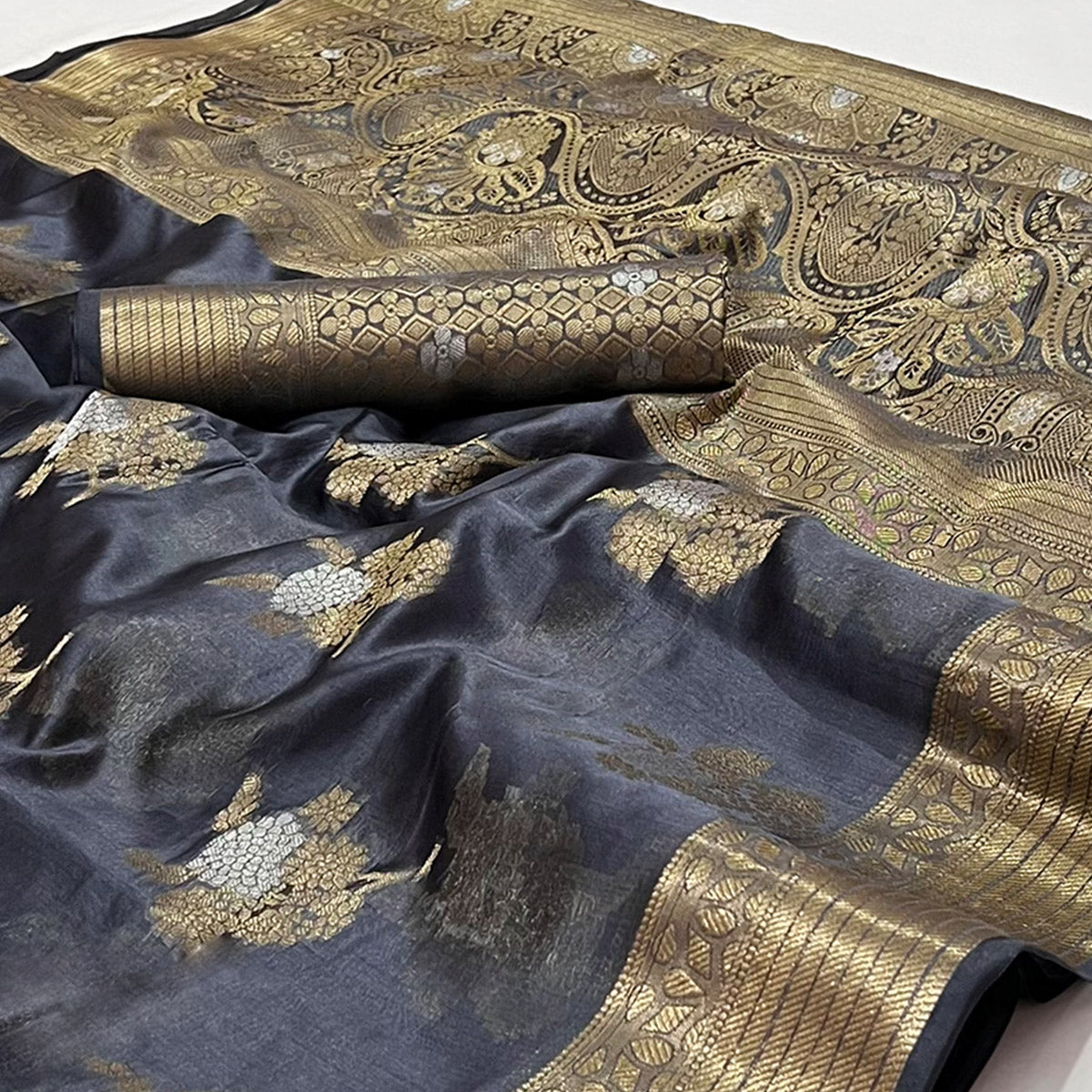 Peachmode Grey Woven Organza Saree – Women's - view 2