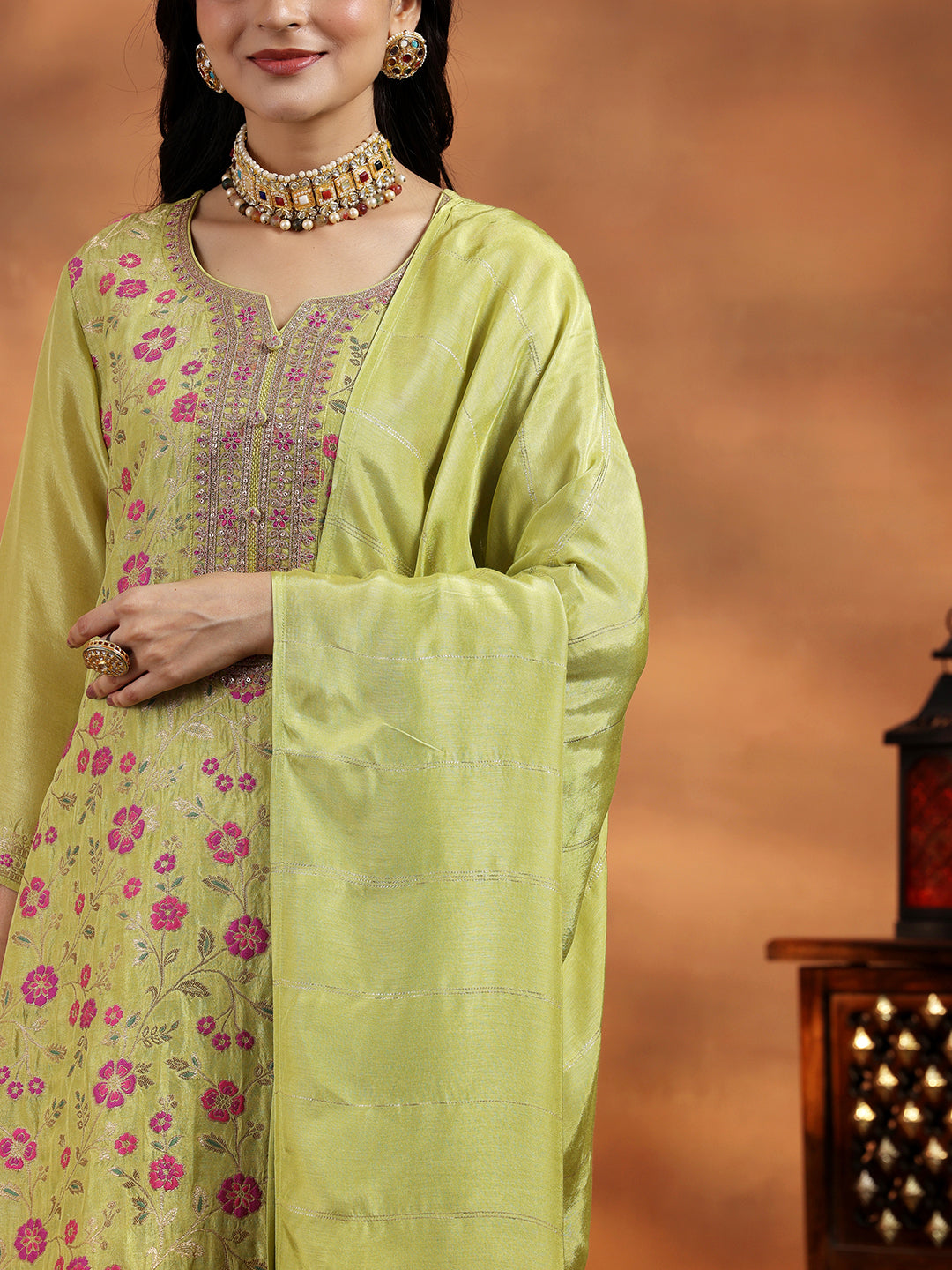 Libas Green Woven Design Silk Blend Straight Suit With Dupatta - view 8