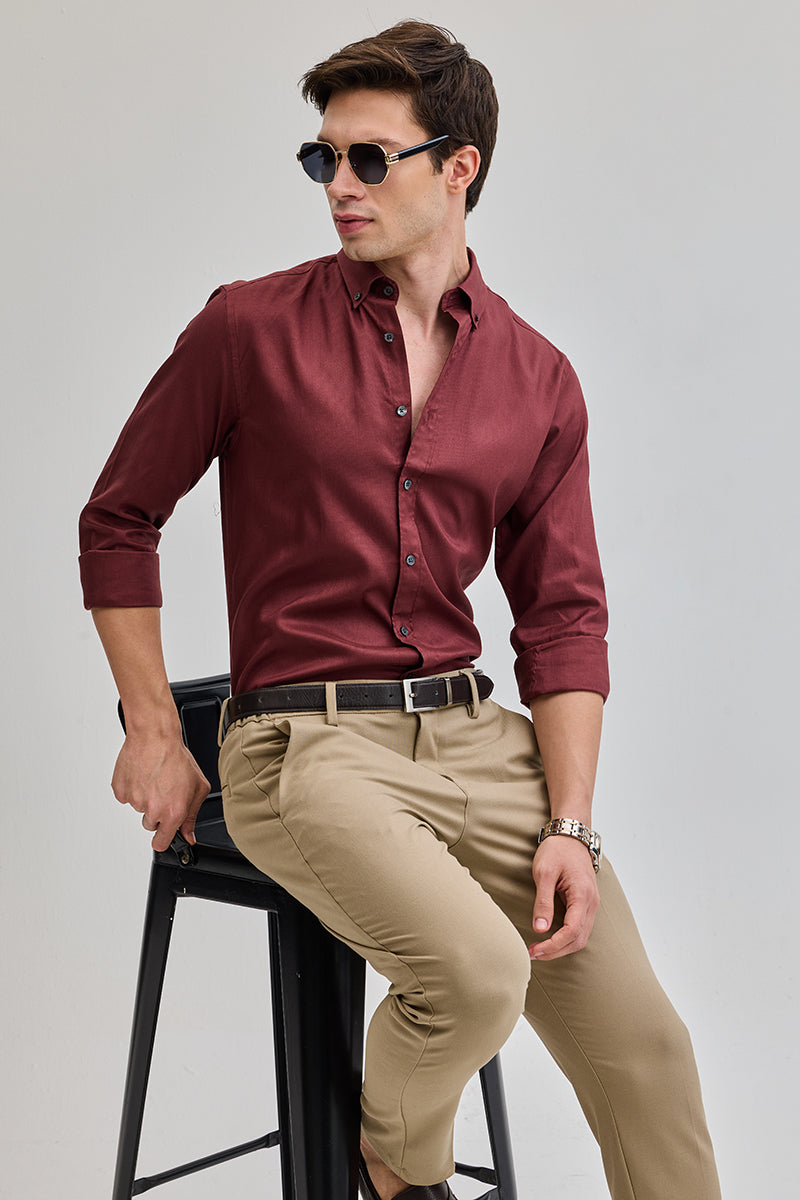 SNITCH Maroon Solid Oxford Shirt