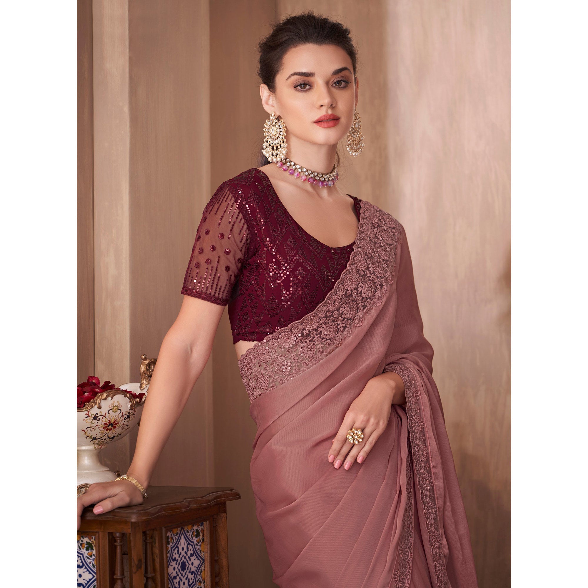 Peachmode Mauve Embroidered Satin Saree – Women's - view 4