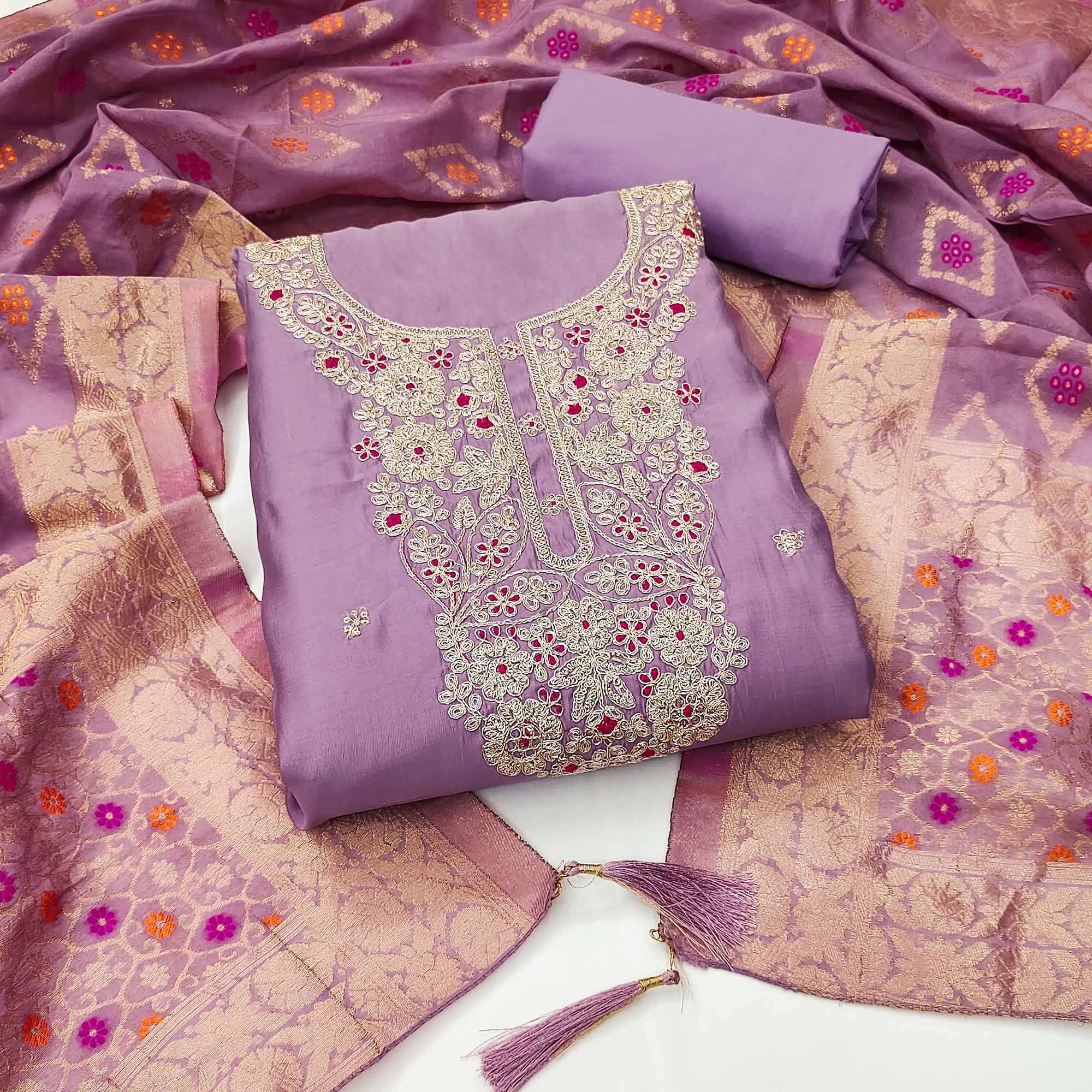 Peachmode Light Purple Floral Sequins Embroidered Roman Cotton Silk Dress Material