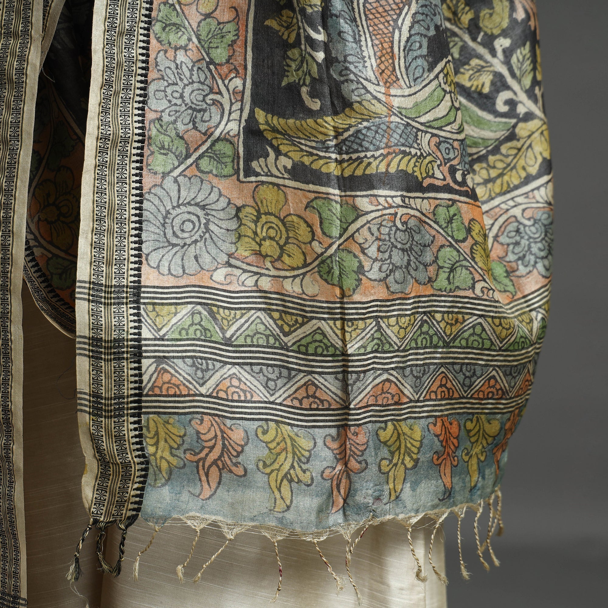 SOUTH KARGHA Black - Pure Tussar Silk Pen Work Srikalahasti Kalamkari Dupatta with Dobby Border - view 6