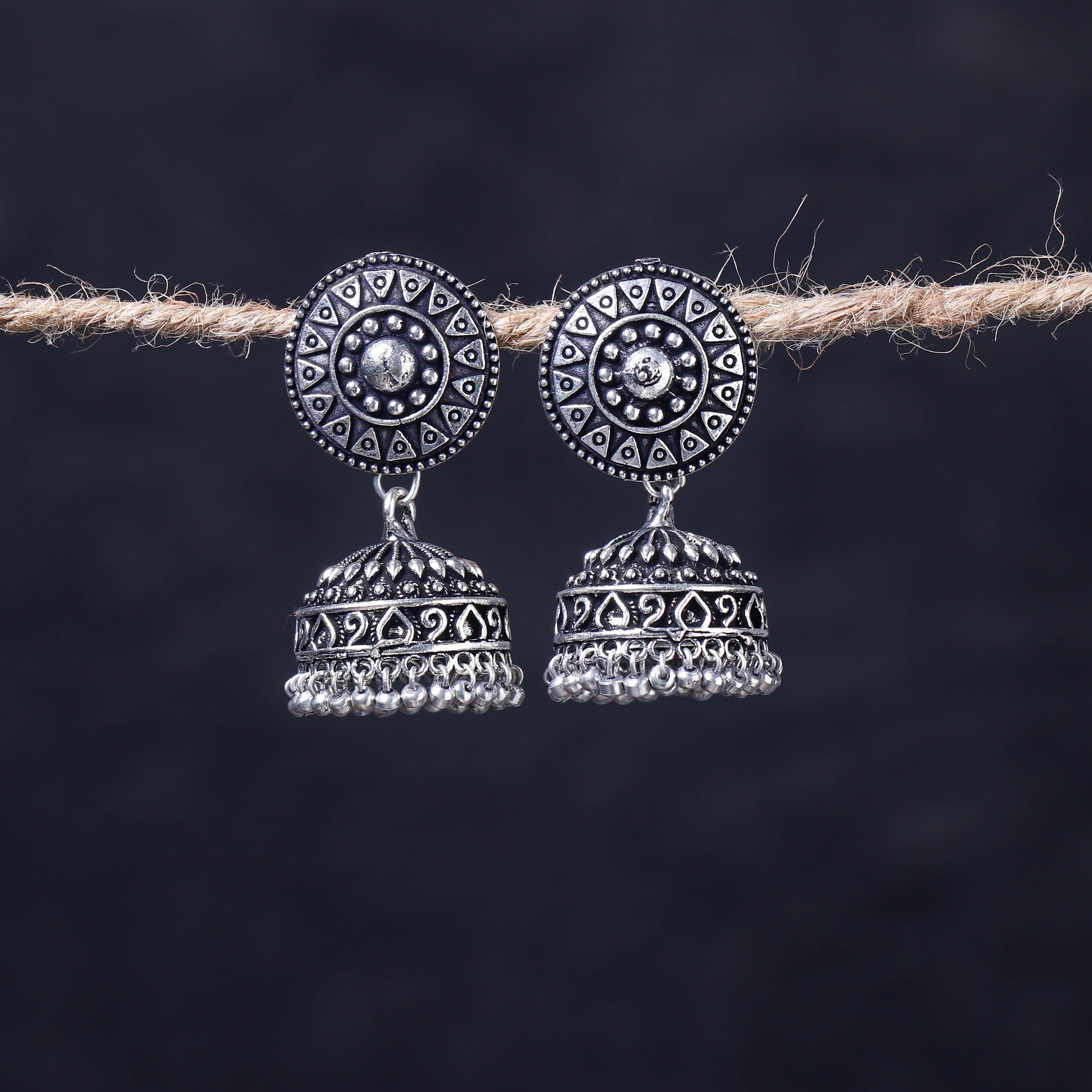 WHITE RIVER STORIES Antique Silver Finish Oxidised Brass Base Jhumka Earrings
