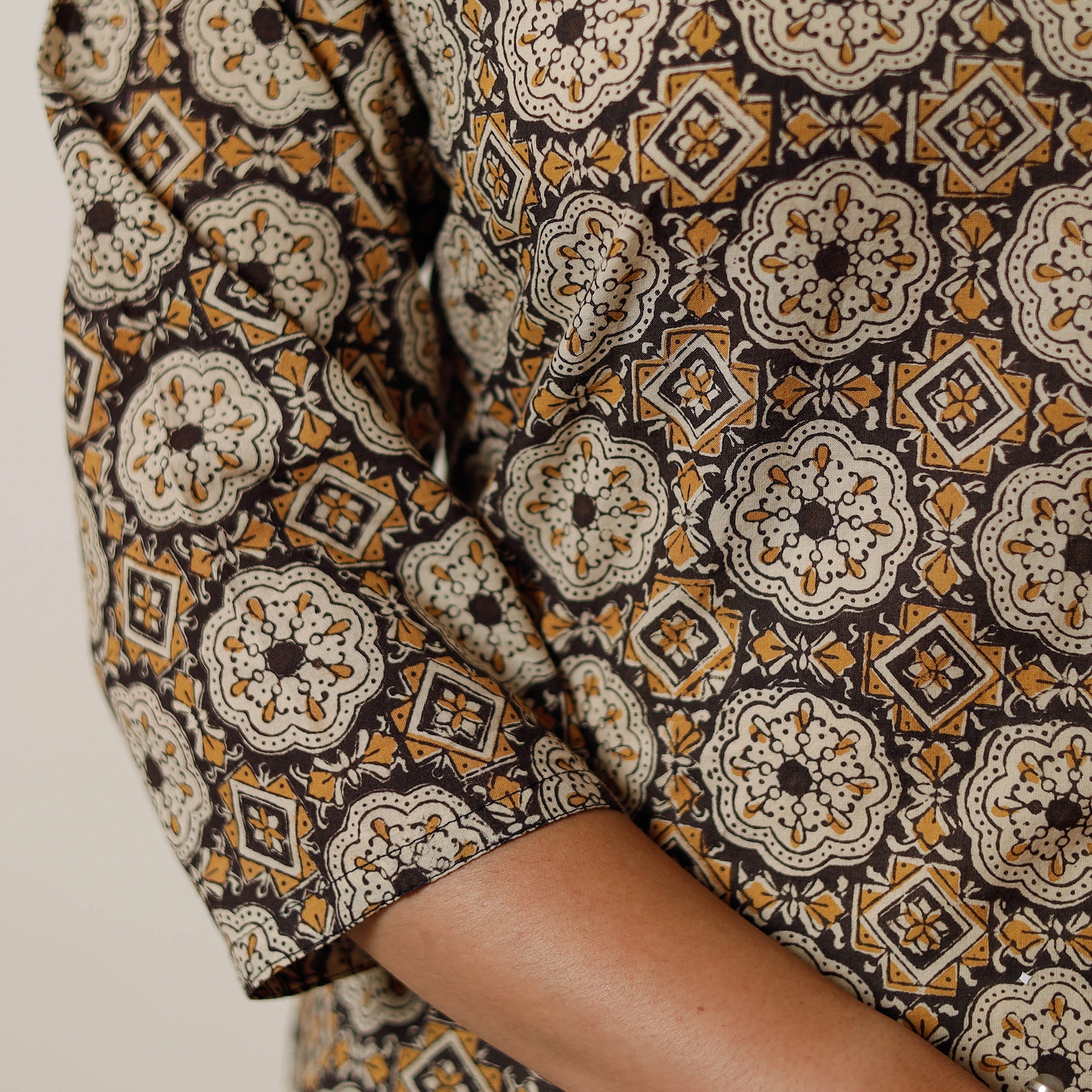 ITOKRI CASUALS Brown - Geometric Flower Buta Bagru Hand Block Printed Cotton Straight Long Kurta 03 - view 6