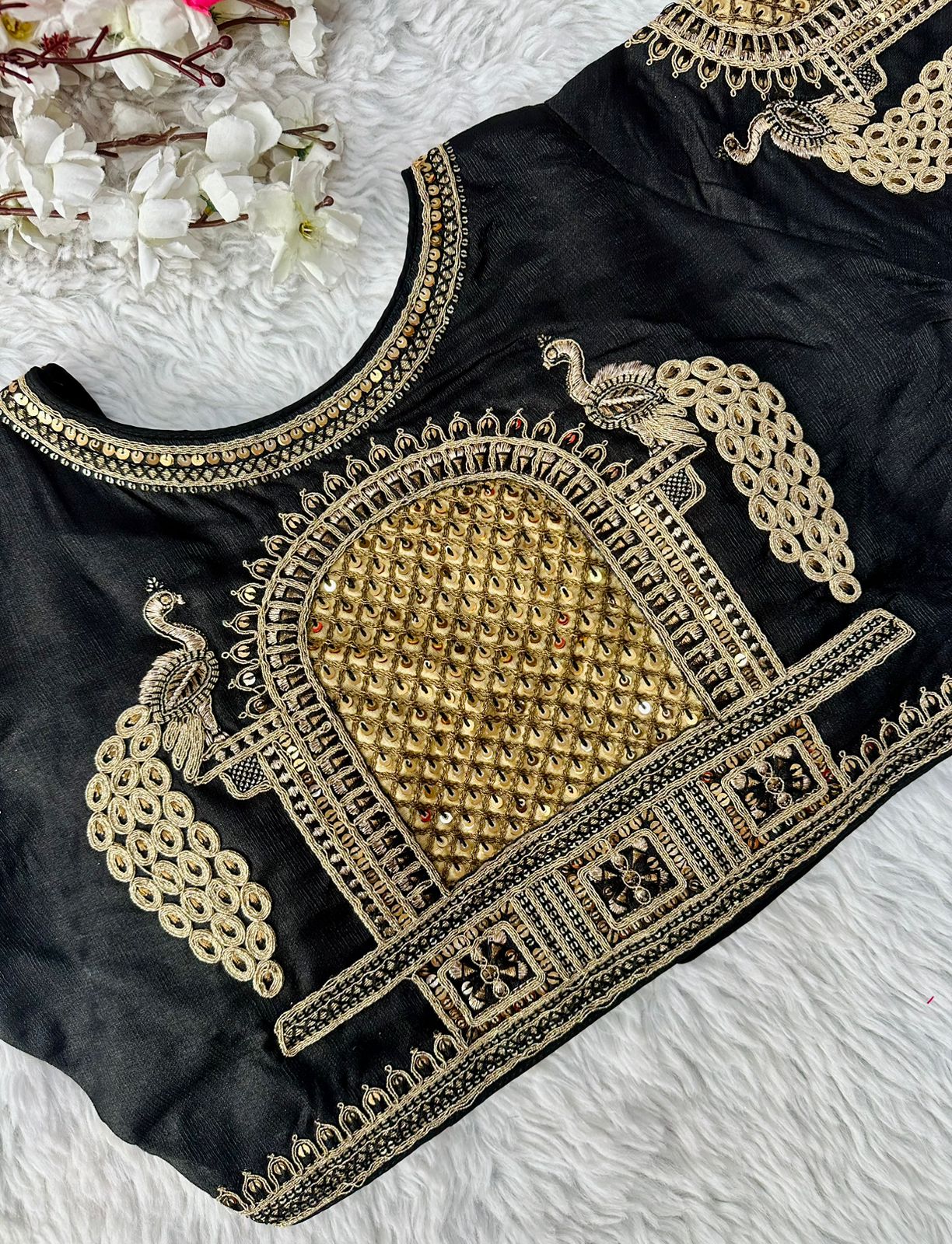 ClothsVilla Black Watermelon Silk Blouse with Beautiful Cording and Hand-Touched Sequins