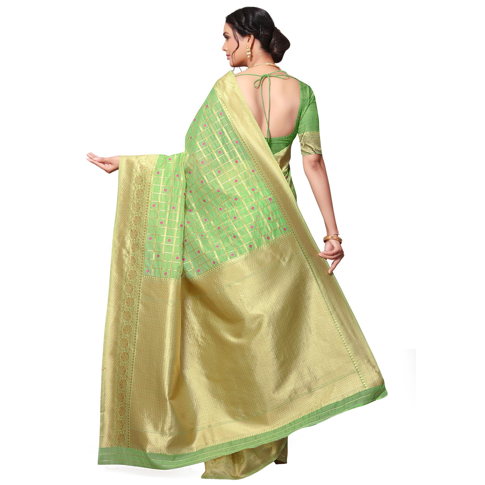 Peachmode Innovative Green Colored Festive Wear Woven Cotton-Art Silk Saree - view 3