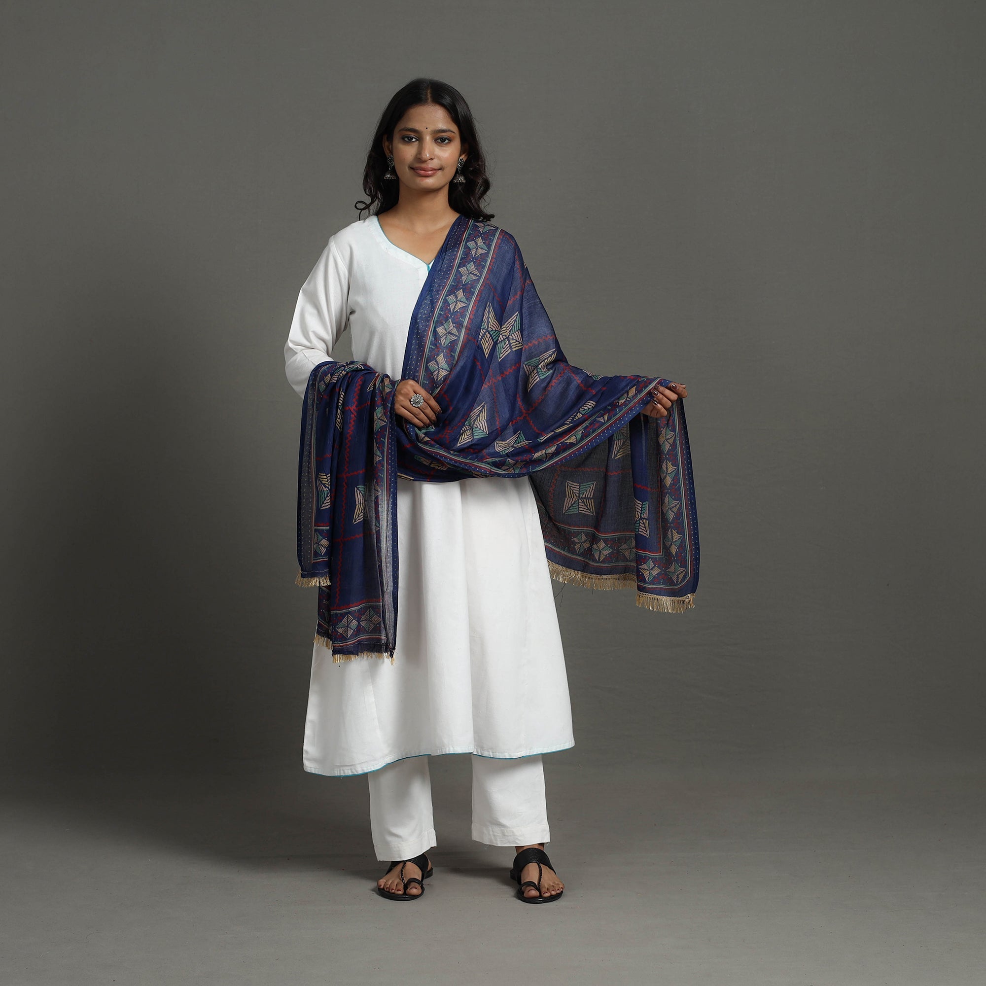 AJRAKH BY JABBAR KHATRI Blue - Ajrakh Hand Block Printed Woollen Dupatta 28 - view 2