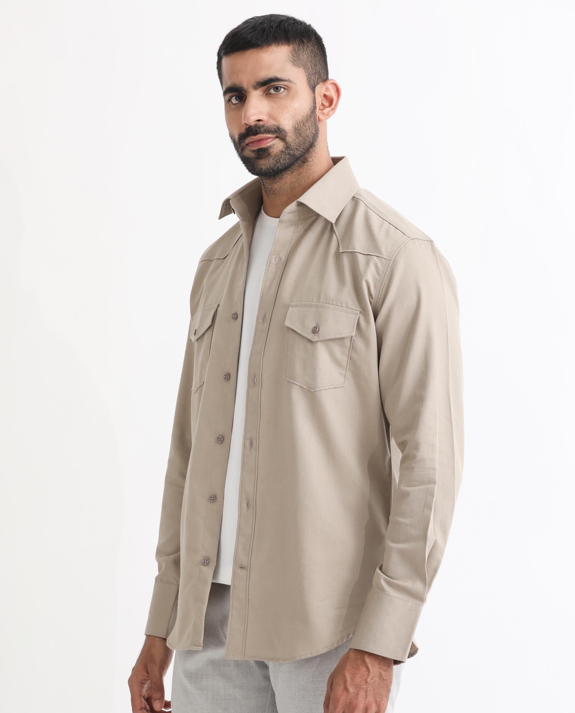 Rare Rabbit Men's Belia Beige Cotton Fabric Full Sleeves Solid Shirt - view 6