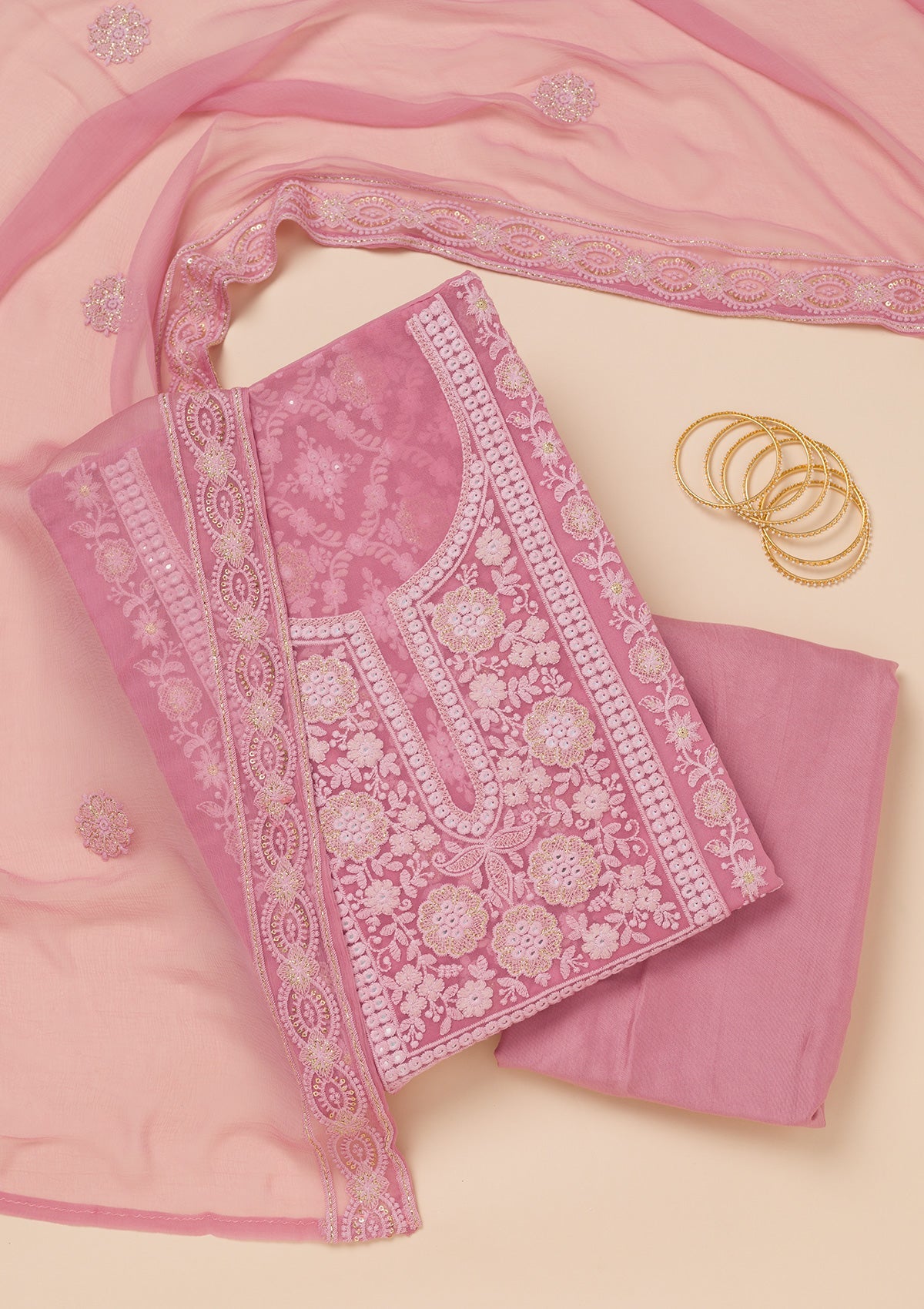 Koskii Onion Pink Chikankari Georgette Unstitched Salwar Suit