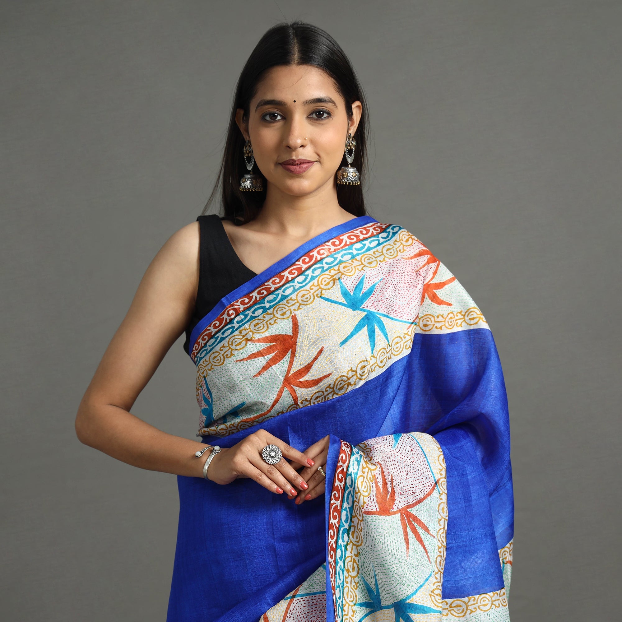 KHUSHBASH - HAPPY LOOM OF EAST Blue - Bengal Kantha Hand Embroidery Block Printed Tussar Silk Handloom Saree - view 4